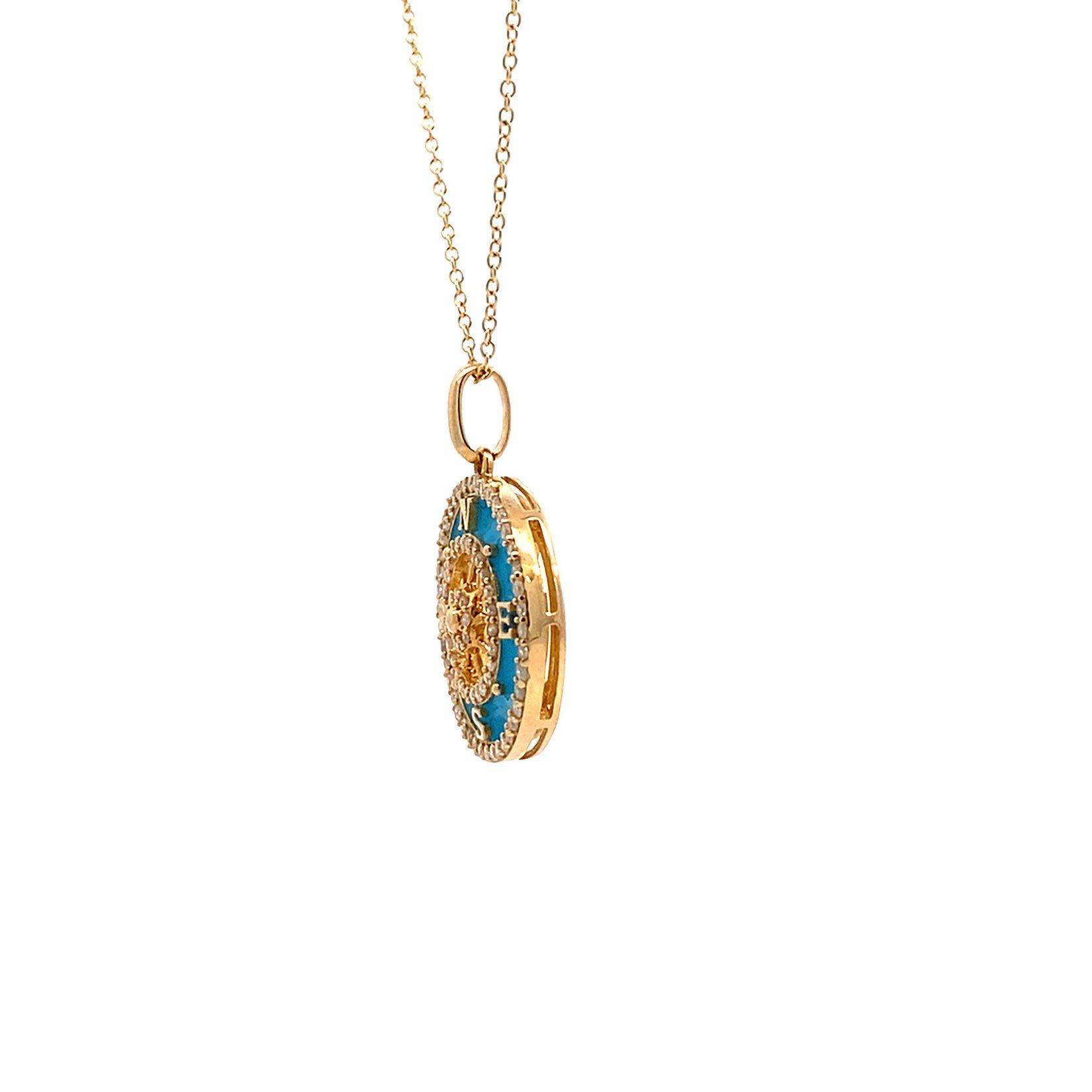 14K Yellow Gold 16" Diamond & Turquoise Epoxy Necklace D.28ctw