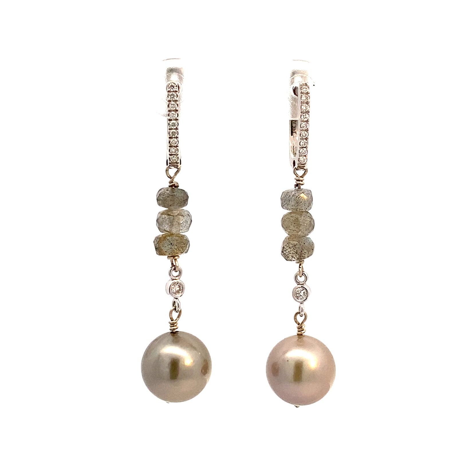 14K White Gold Tahitian, Diamond, Labradorite Dangles on Diamond Lever Backs D.04ct