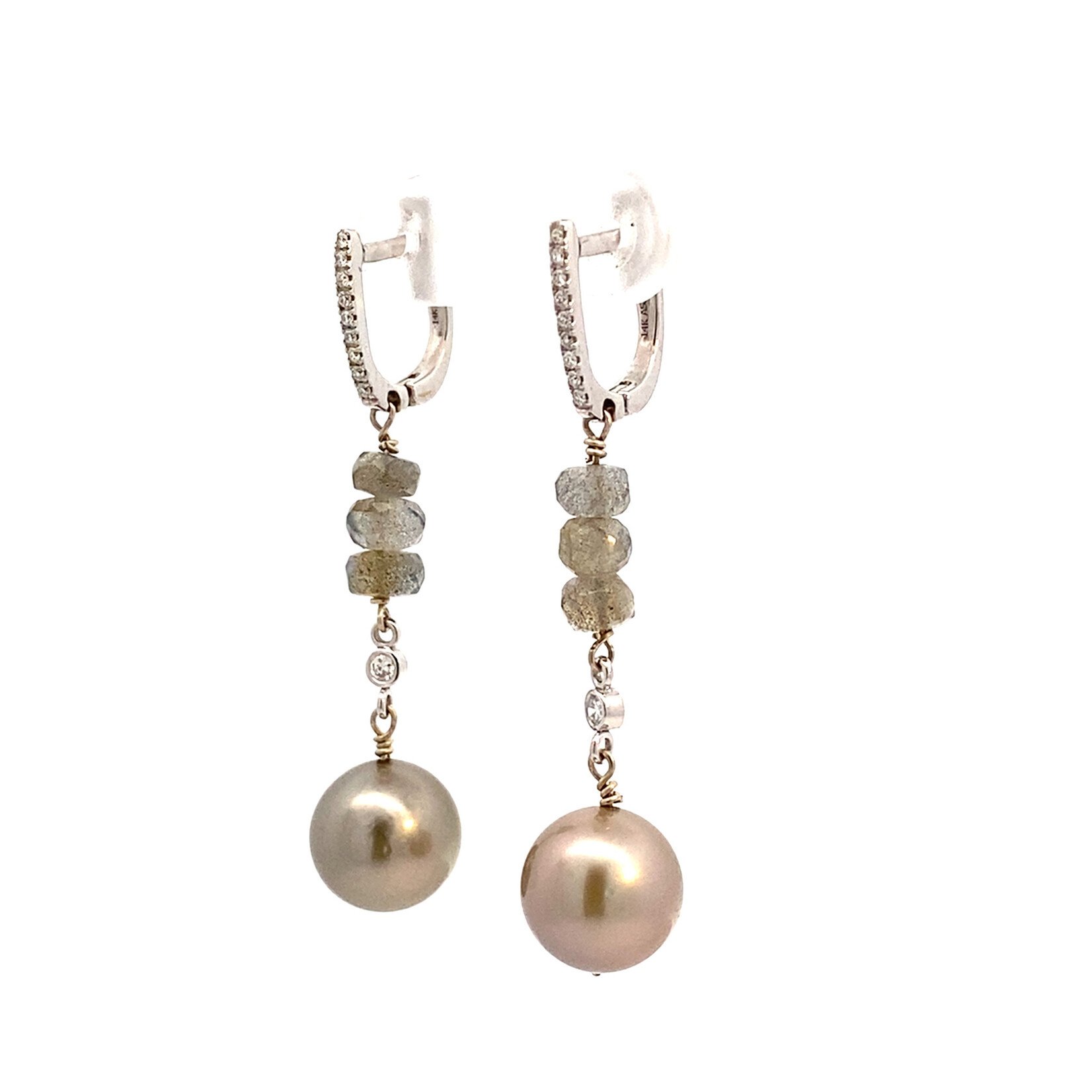 14K White Gold Tahitian, Diamond, Labradorite Dangles on Diamond Lever Backs D.04ct