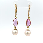 14K Yellow Gold 8mm Akoya Pearls with Pink Sapphire drops on Diamond Levers D.05ctw