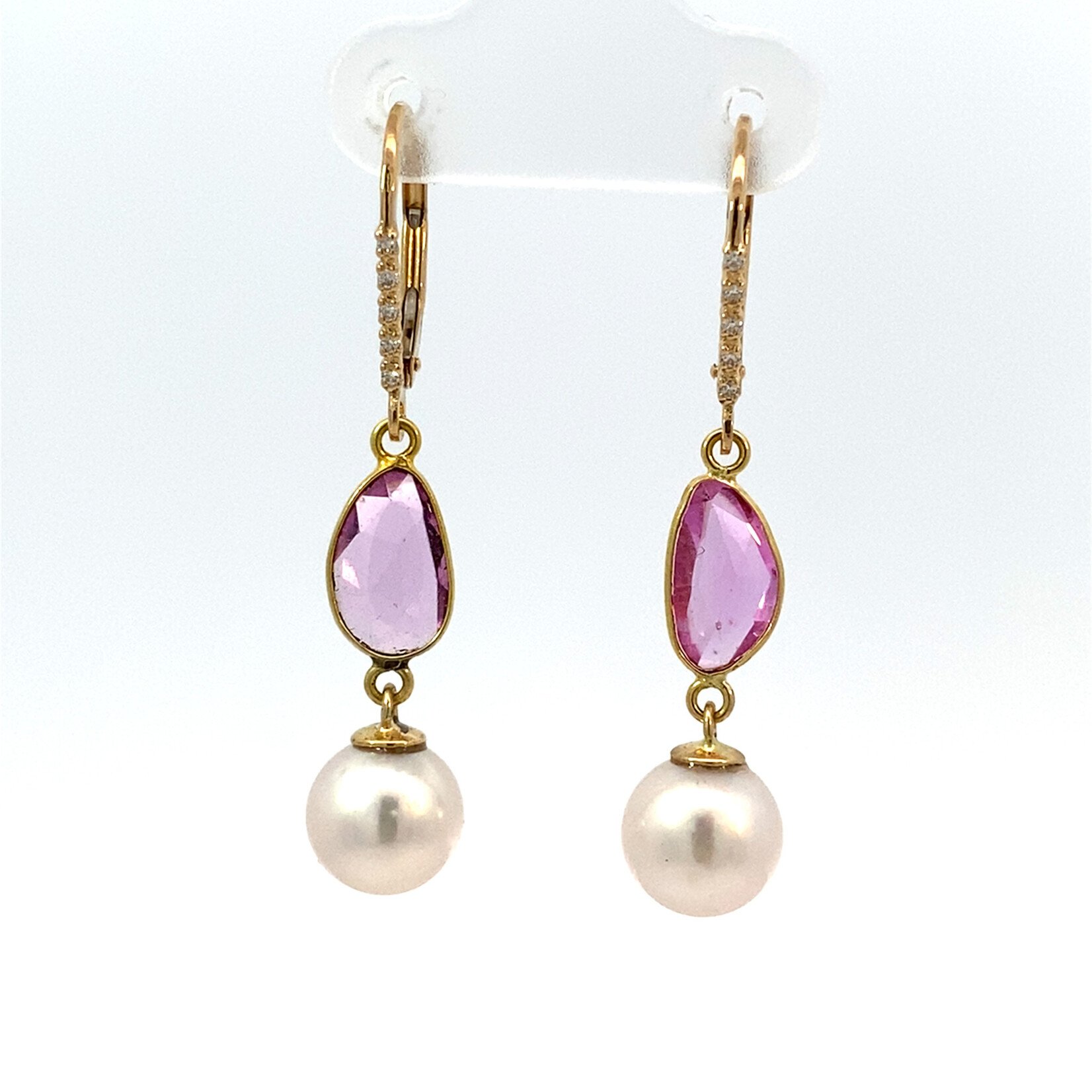 14K Yellow Gold 8mm Akoya Pearls with Pink Sapphire drops on Diamond Levers D.05ctw