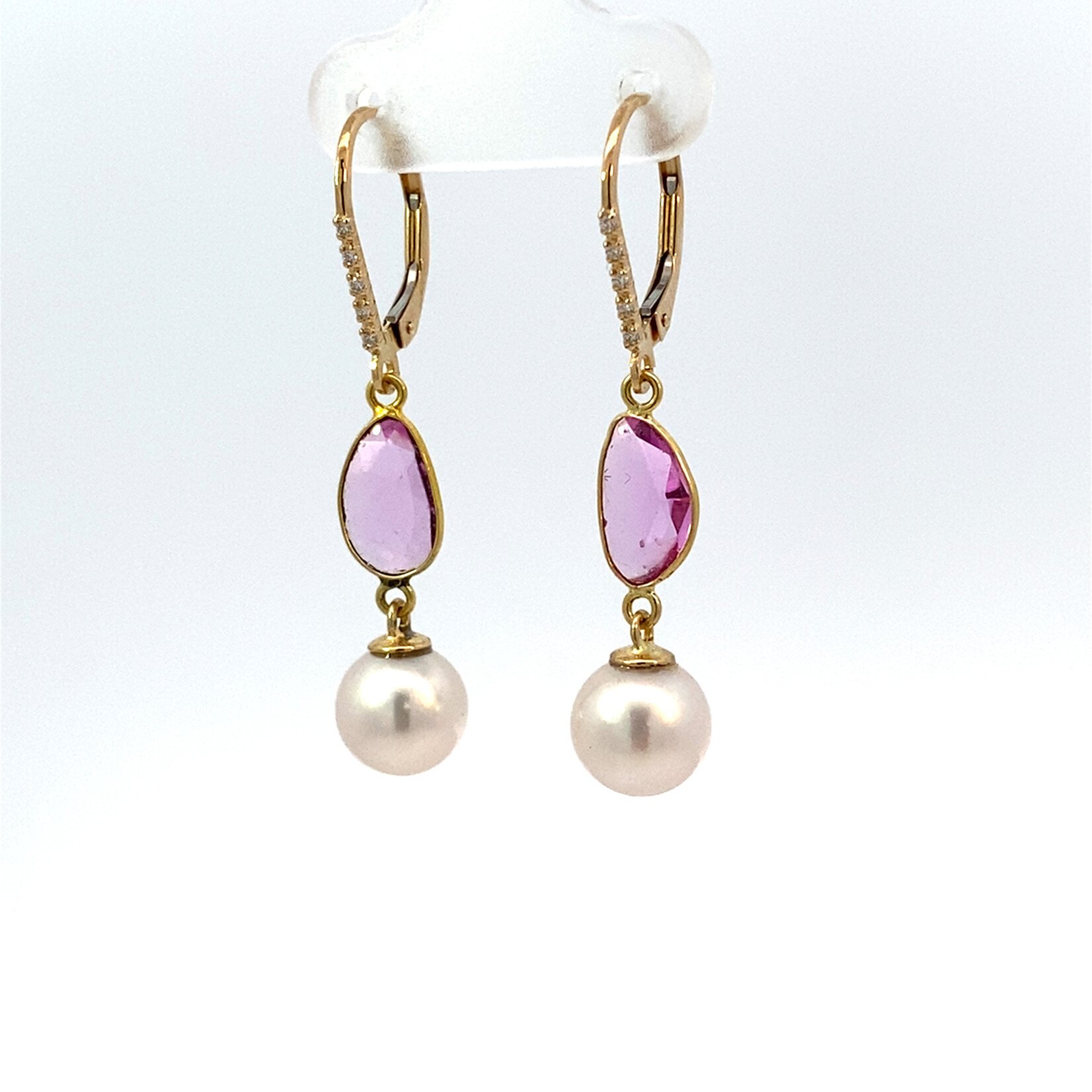 14K Yellow Gold 8mm Akoya Pearls with Pink Sapphire drops on Diamond Levers D.05ctw