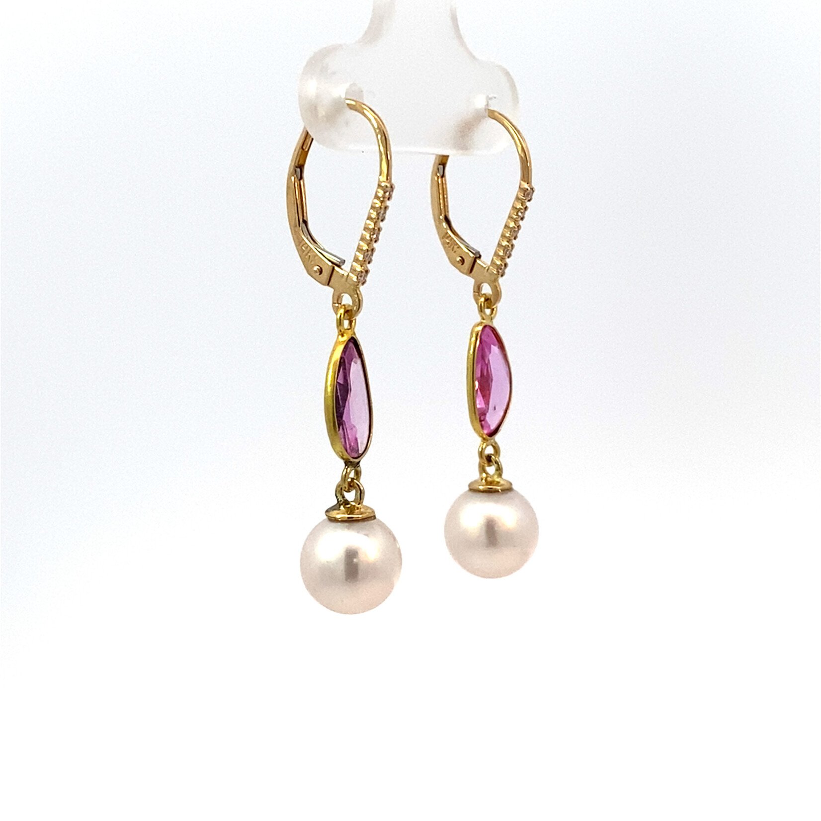 14K Yellow Gold 8mm Akoya Pearls with Pink Sapphire drops on Diamond Levers D.05ctw