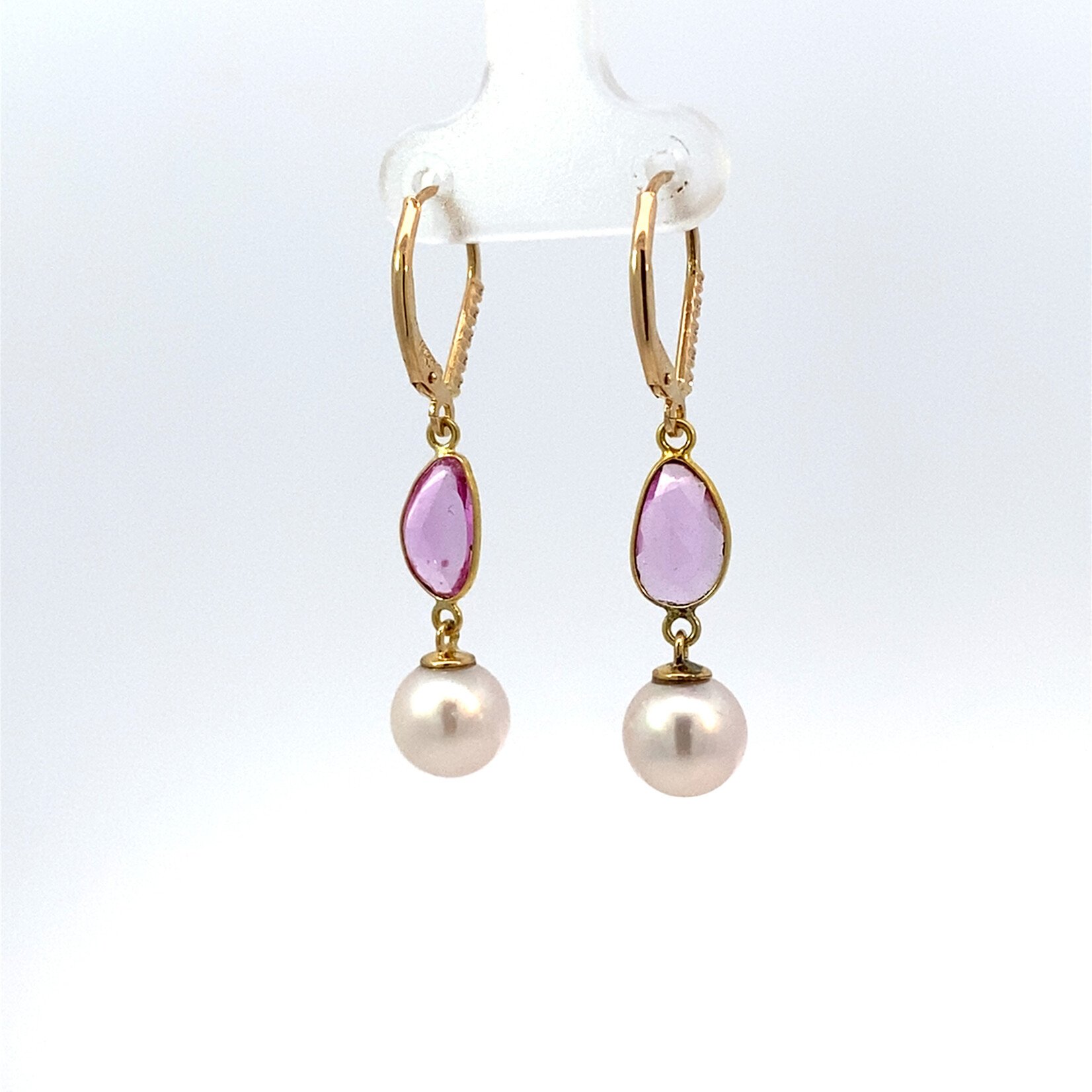 14K Yellow Gold 8mm Akoya Pearls with Pink Sapphire drops on Diamond Levers D.05ctw