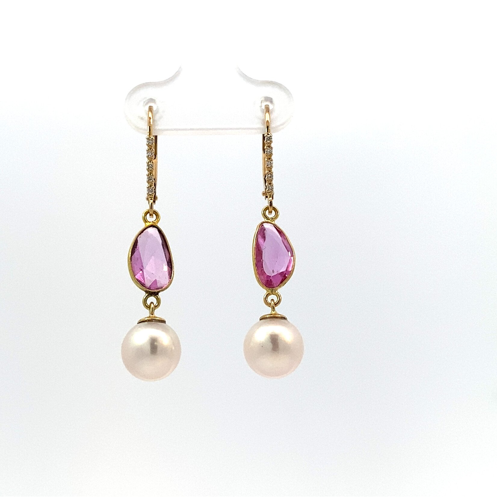 14K Yellow Gold 8mm Akoya Pearls with Pink Sapphire drops on Diamond Levers D.05ctw