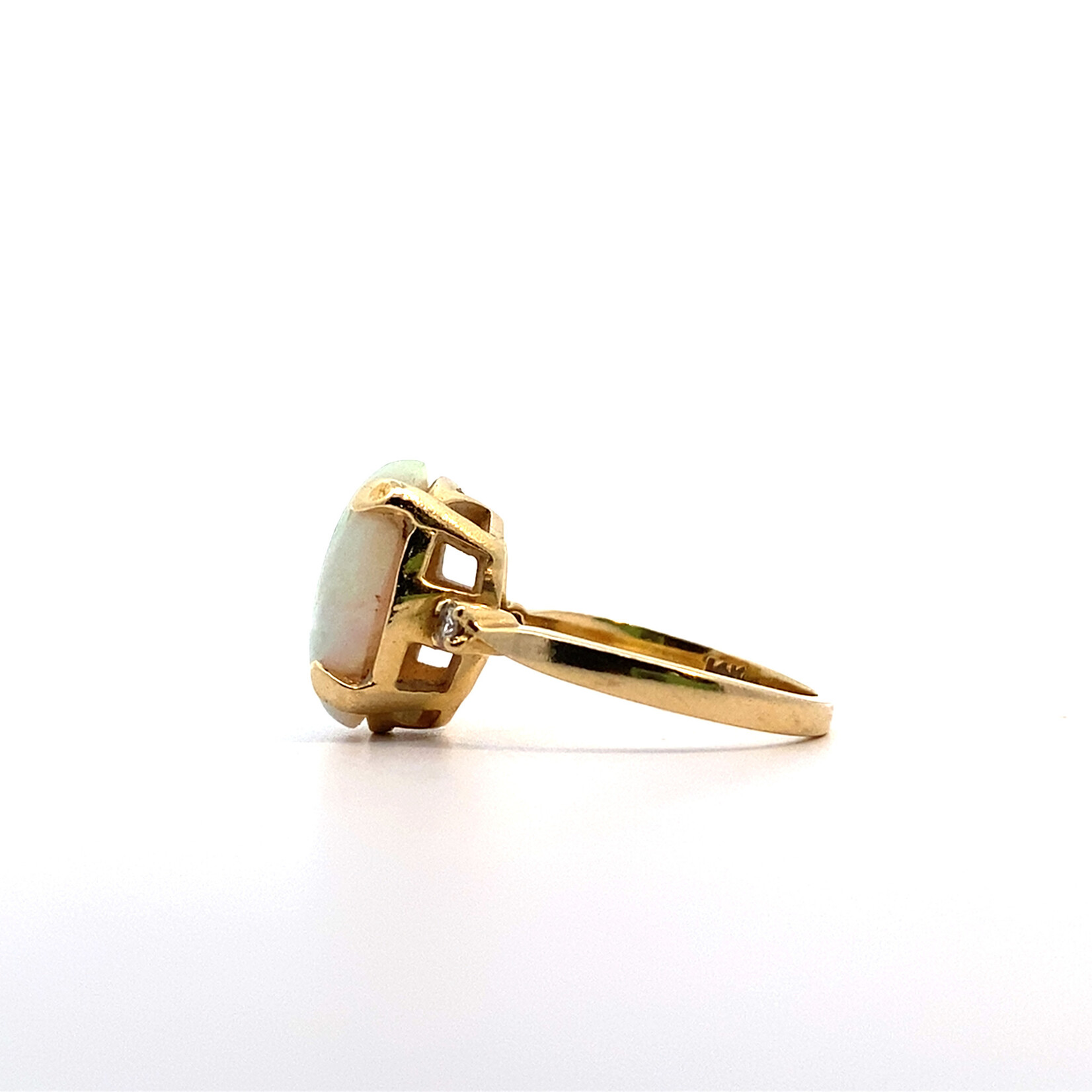 14K Yellow Gold Australian Opal & Diamond Ring sz6.5 D+/-.08ctw O 14mmx11mm