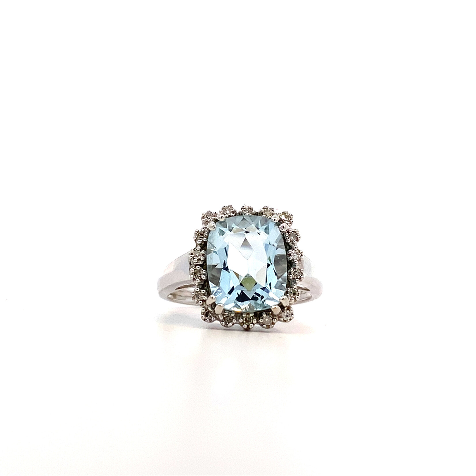 14K White Gold Aqua with Diamond Halo Ring sz8