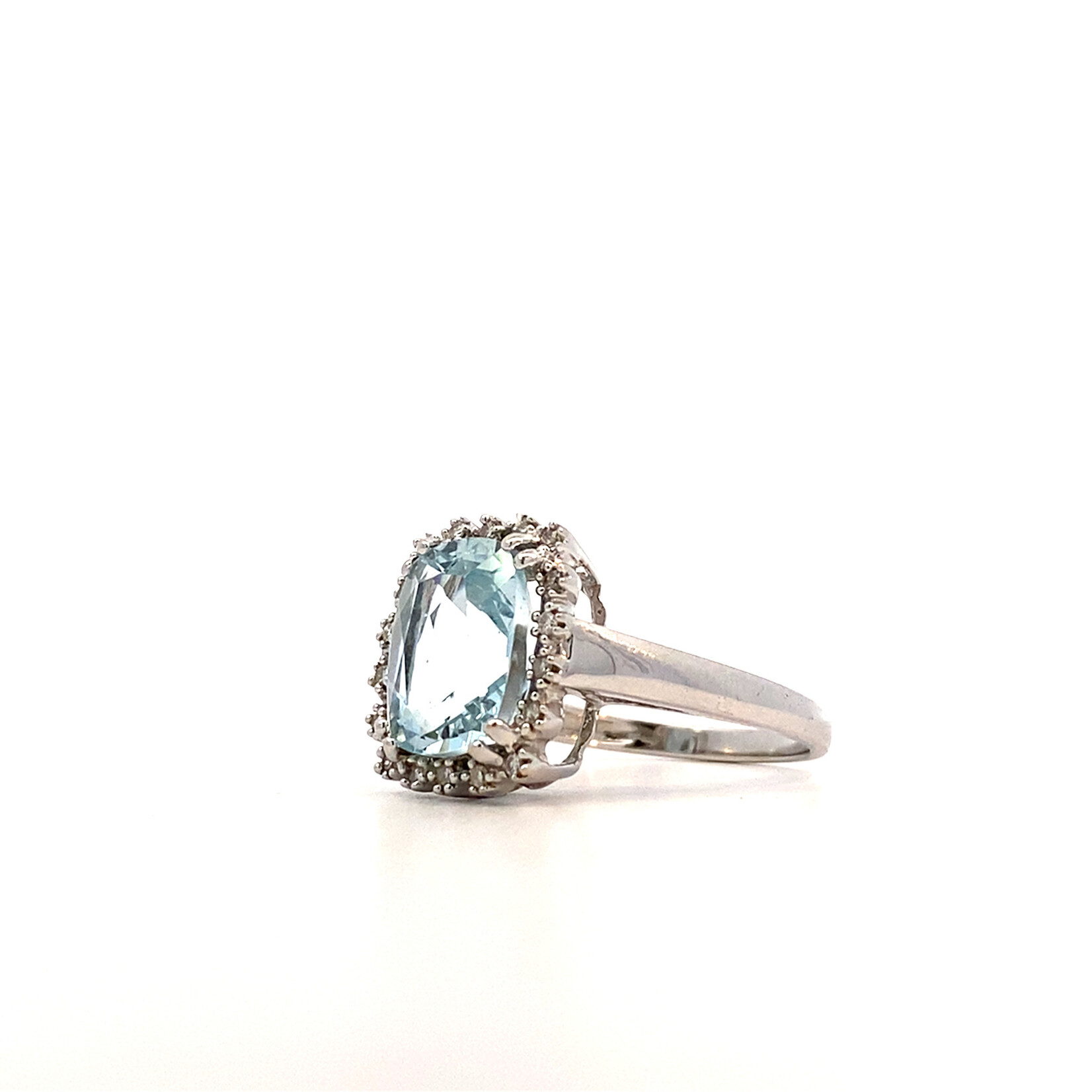 14K White Gold Aqua with Diamond Halo Ring sz8