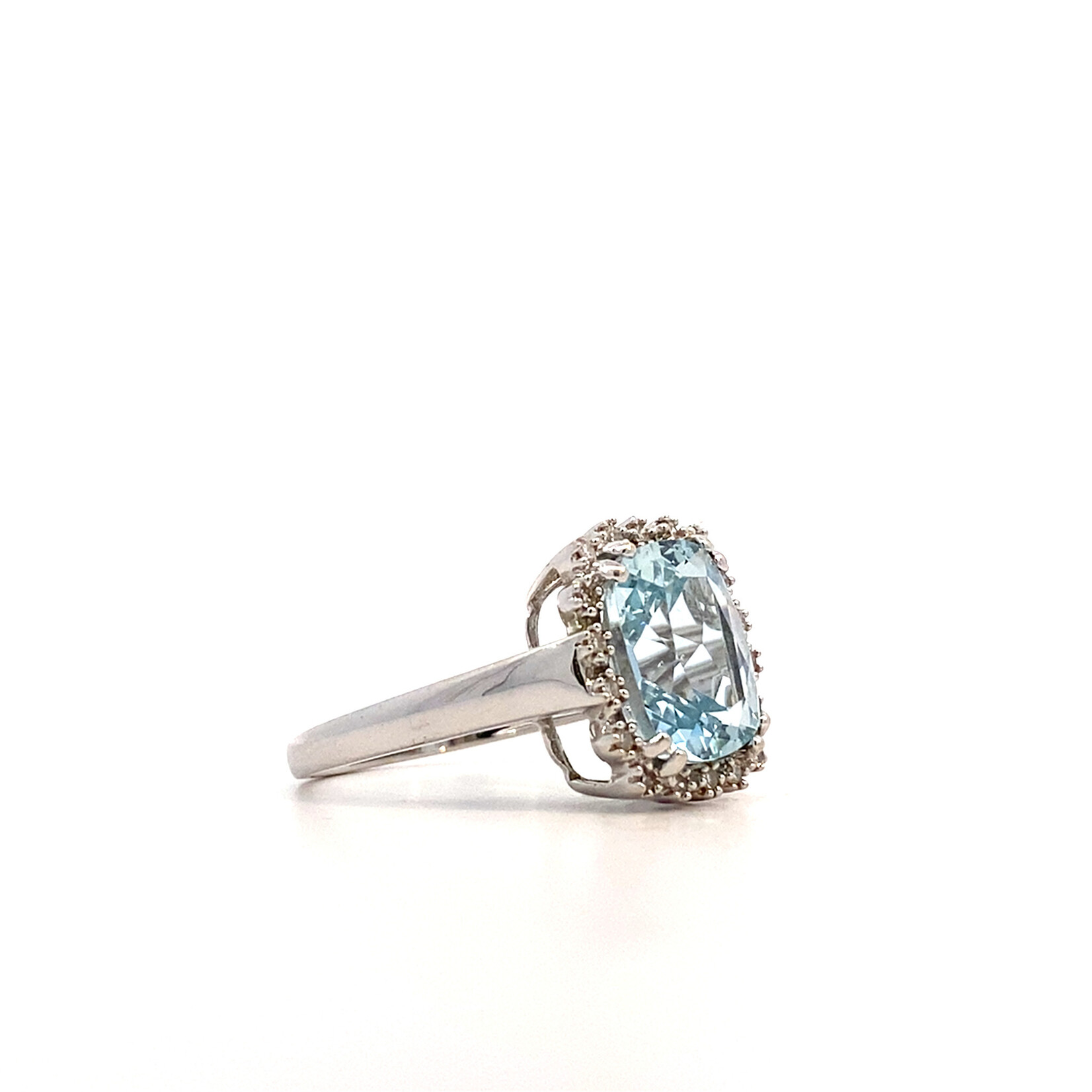 14K White Gold Aqua with Diamond Halo Ring sz8
