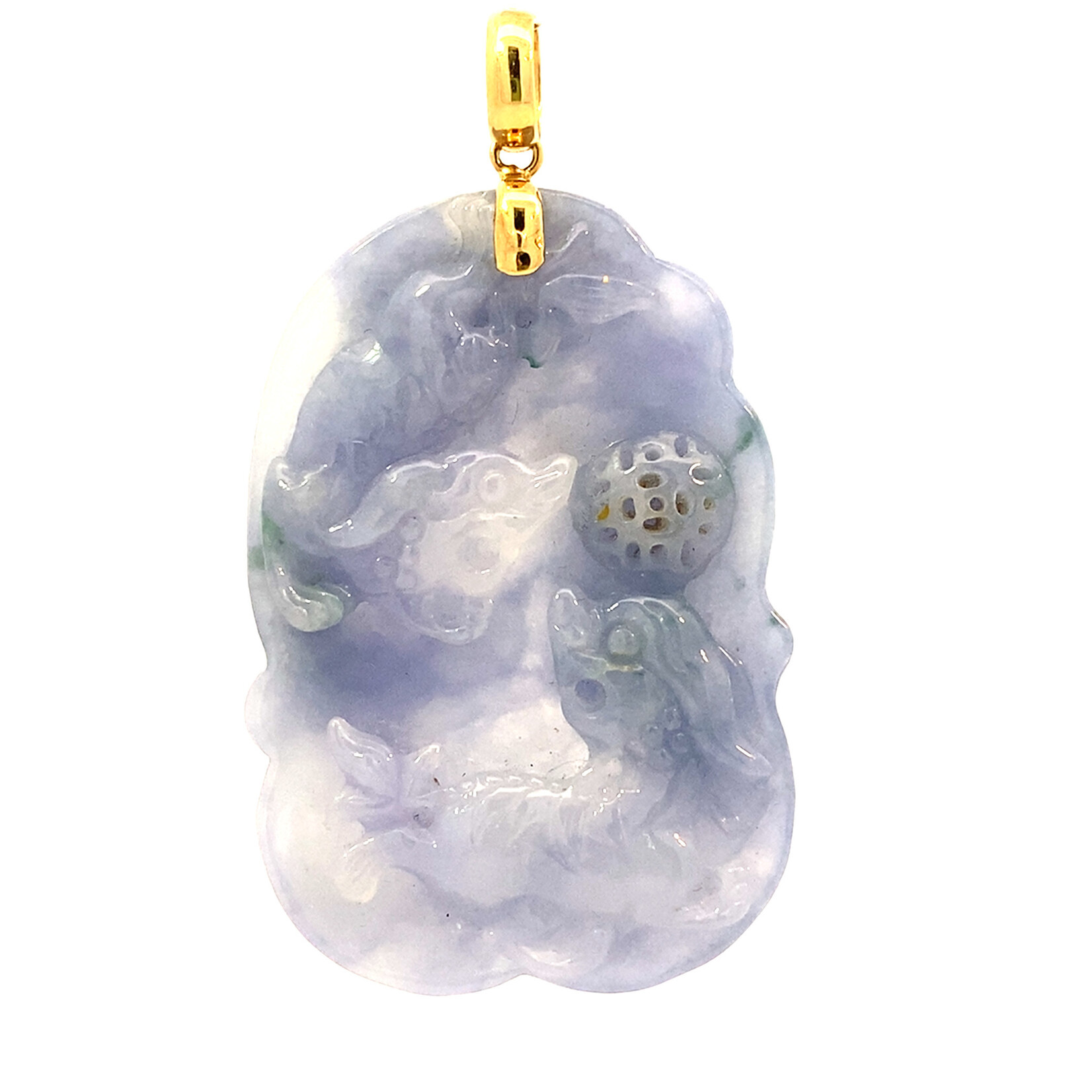18K Yellow Gold Burmese Jade 2 Fish Pendant