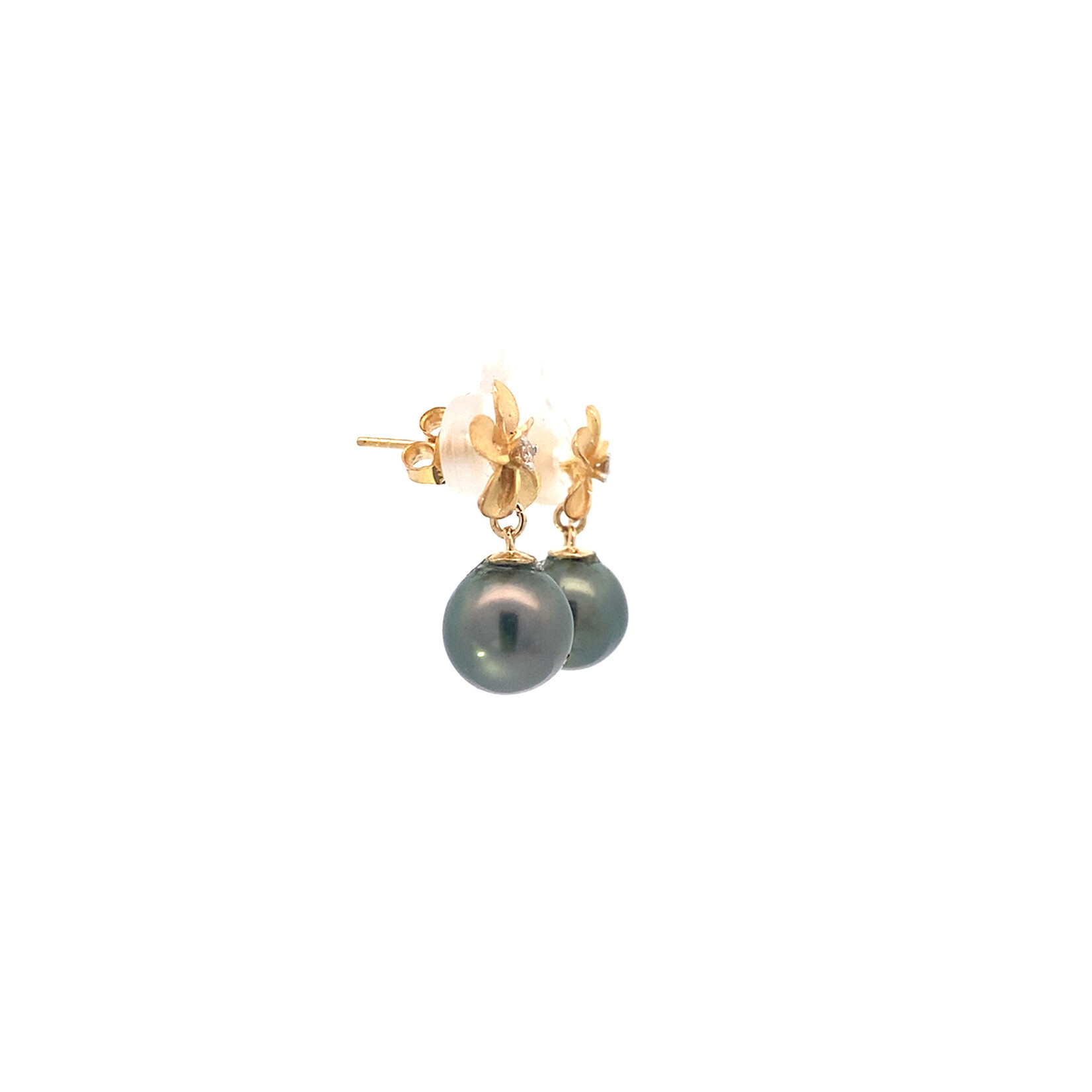 14K Yellow Gold 10mm Plumeria with  Diamond & Tahitian Pearls