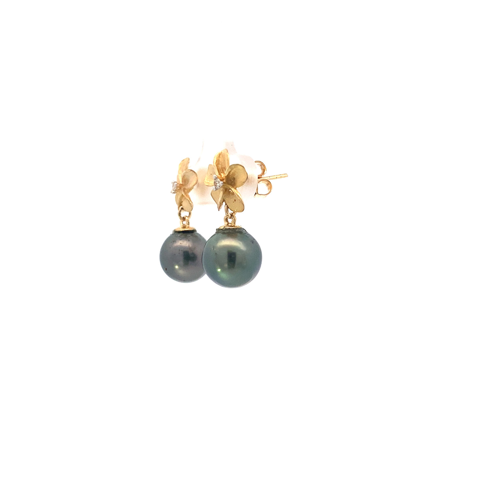 14K Yellow Gold 10mm Plumeria with  Diamond & Tahitian Pearls
