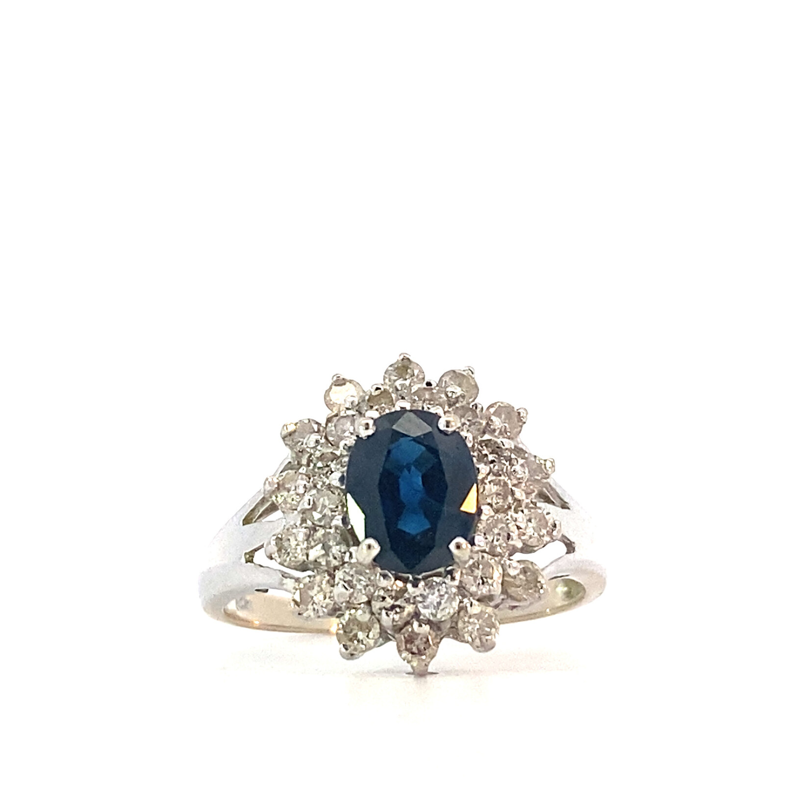 14K White Gold Sapphire with Diamond Halo ring size 8.5 D+/-.70ctw Sa1.8ct