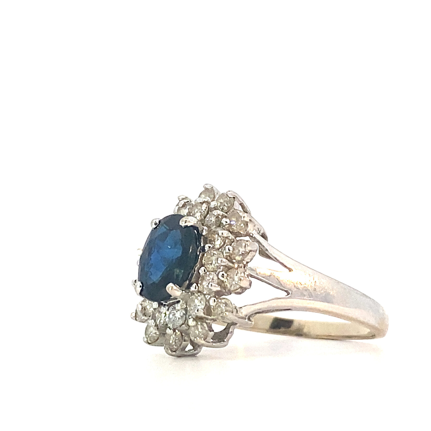 14K White Gold Sapphire with Diamond Halo ring size 8.5 D+/-.70ctw Sa1.8ct