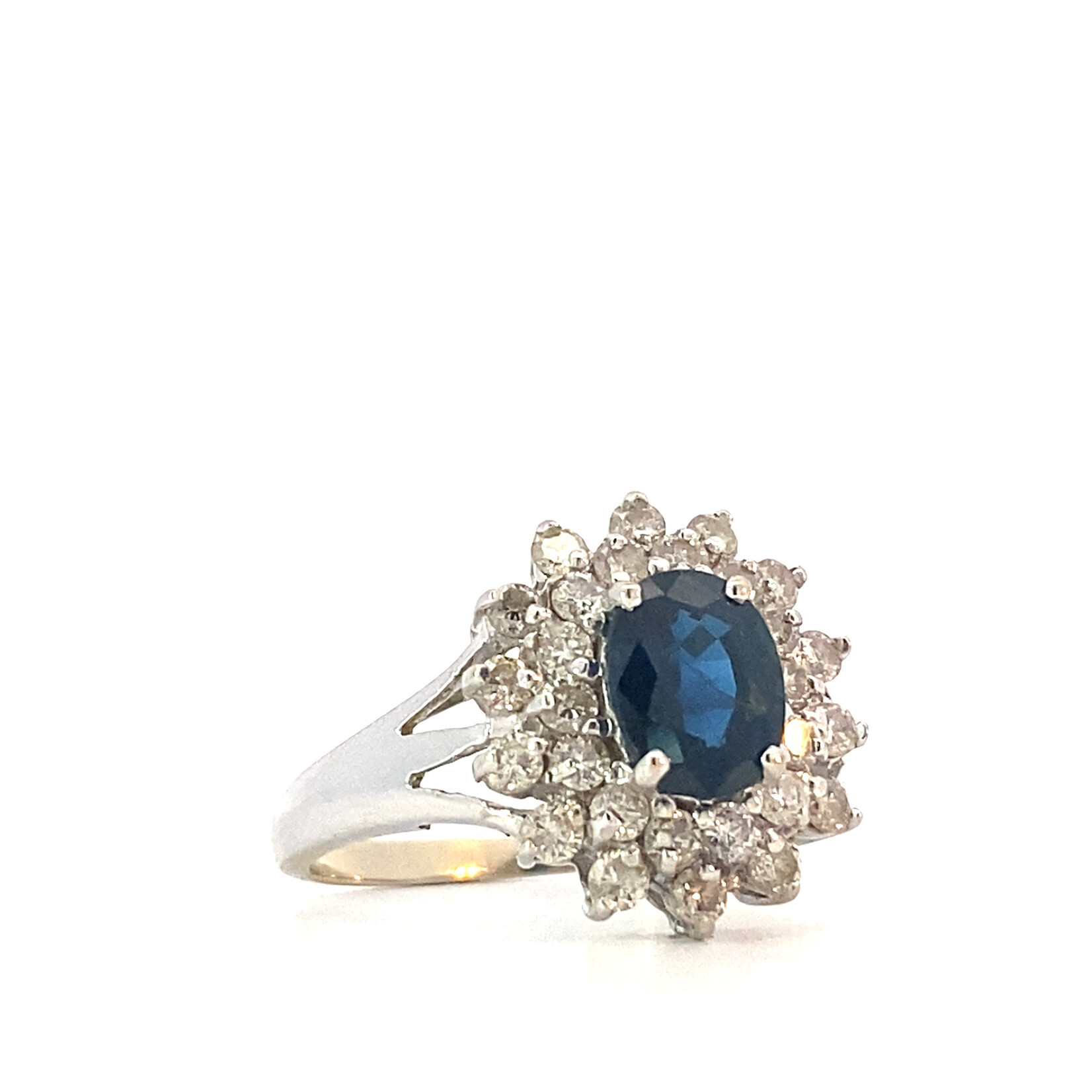 14K White Gold Sapphire with Diamond Halo ring size 8.5 D+/-.70ctw Sa1.8ct