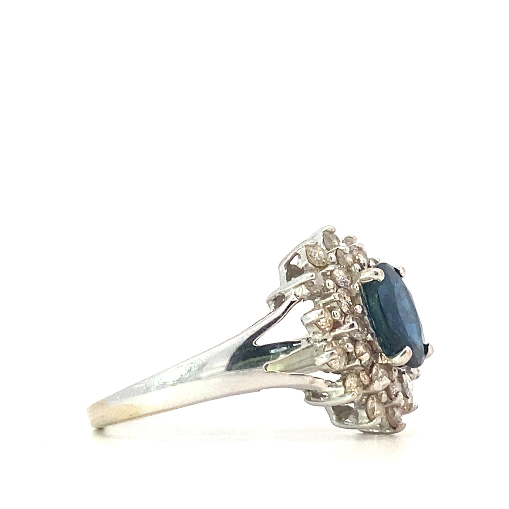 14K White Gold Sapphire with Diamond Halo ring size 8.5 D+/-.70ctw Sa1.8ct