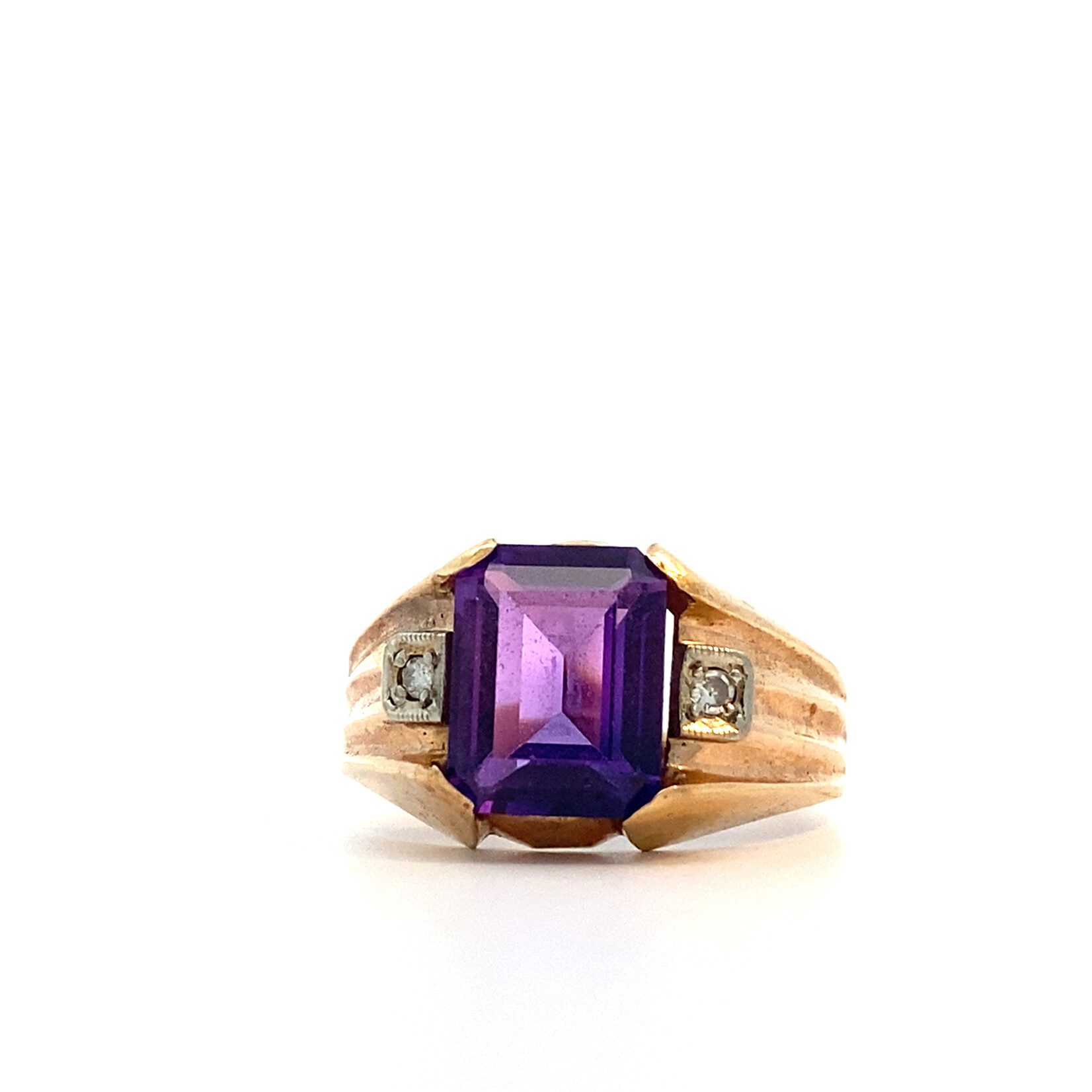 10K Yellow Gold Synthetic Amethyst & White Stone Ring sz9.75