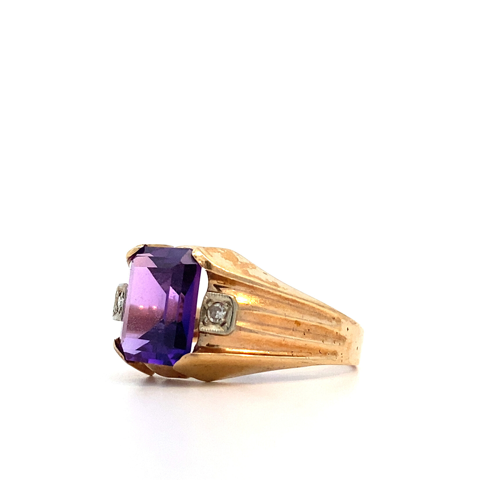 10K Yellow Gold Synthetic Amethyst & White Stone Ring sz9.75