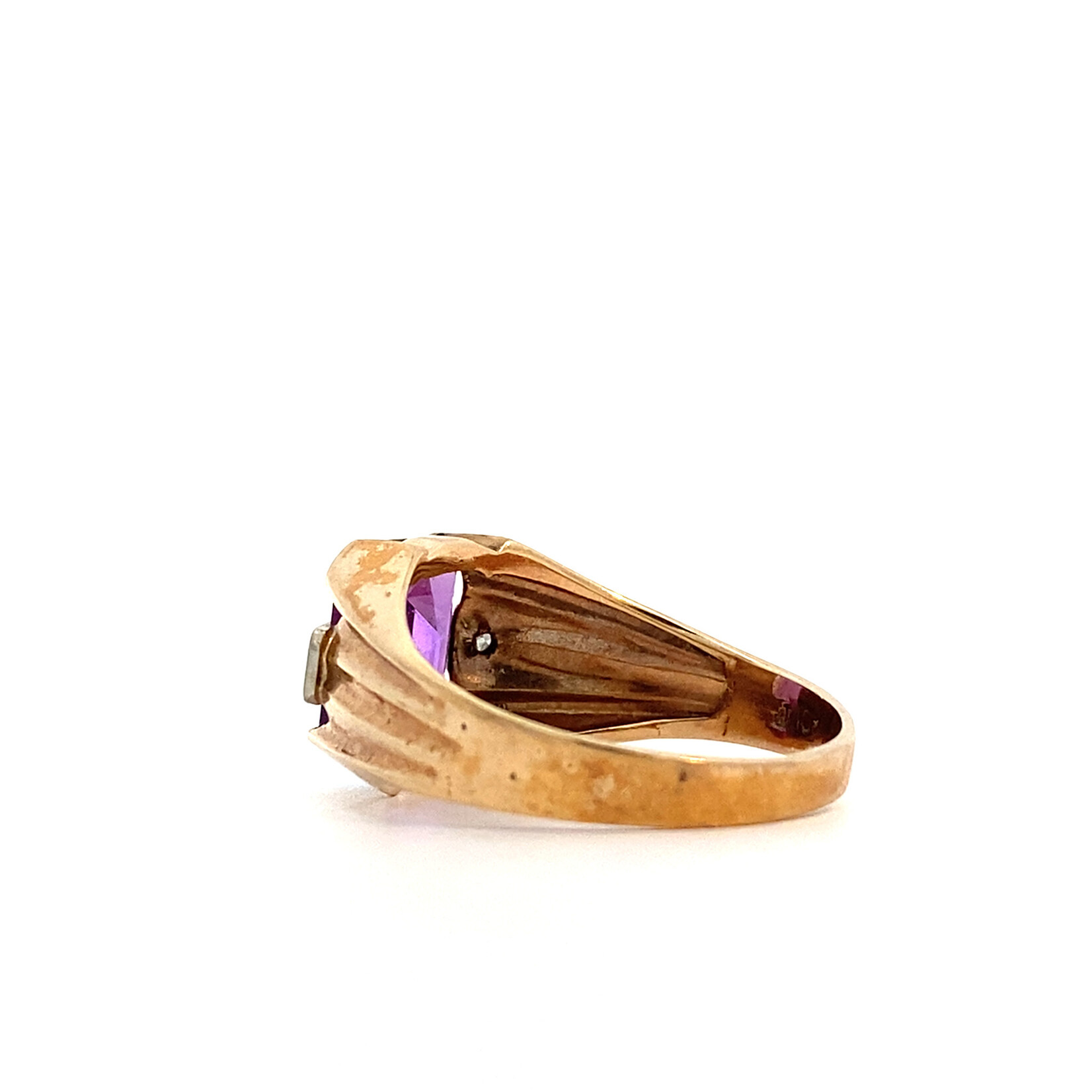 10K Yellow Gold Synthetic Amethyst & White Stone Ring sz9.75