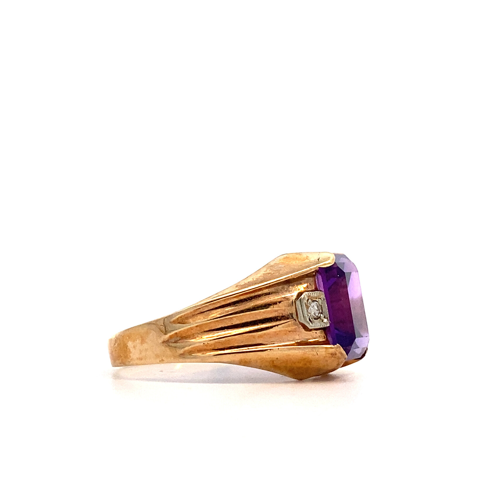 10K Yellow Gold Synthetic Amethyst & White Stone Ring sz9.75