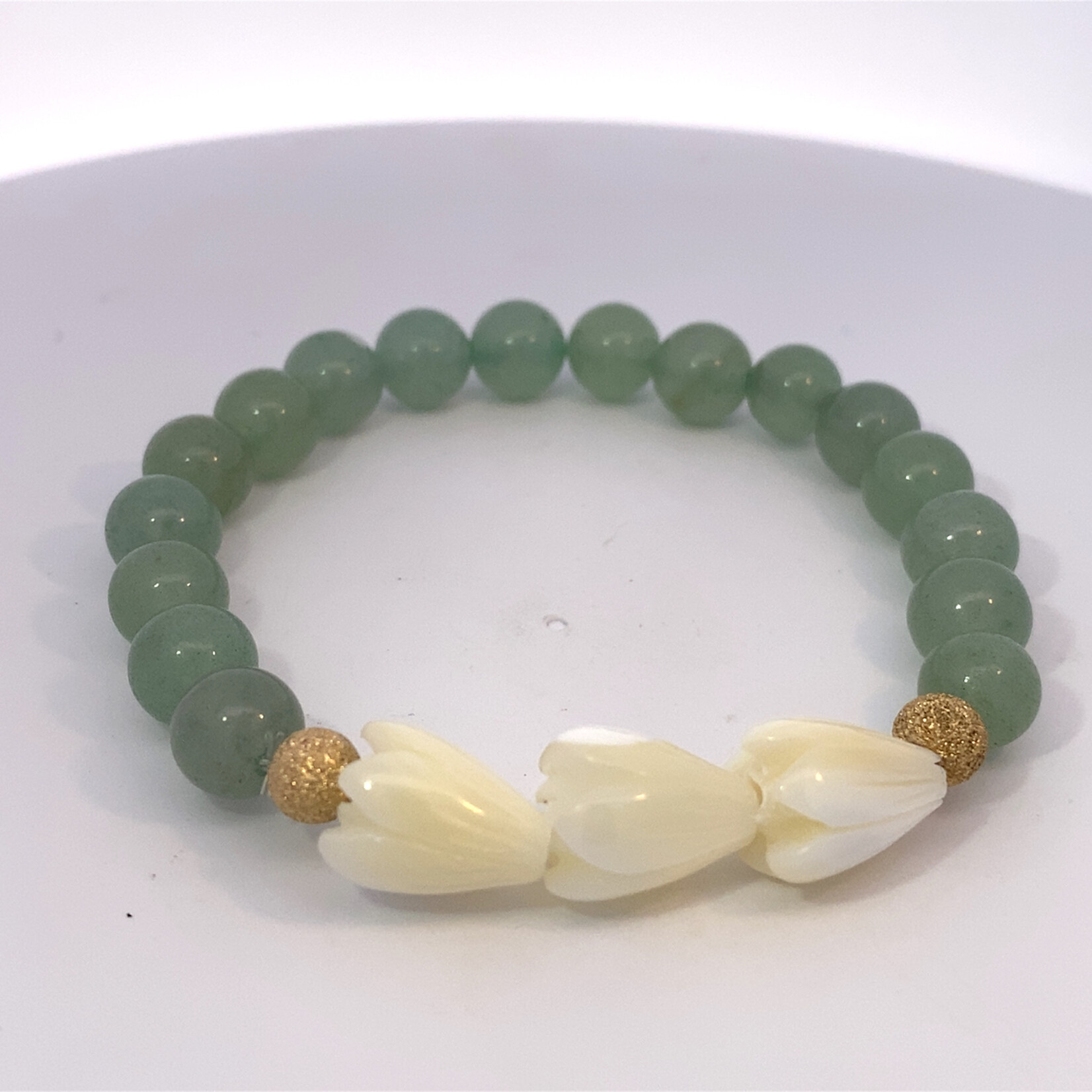 Gold Filled 7.25" 8mm Green Quartz Mother of Pearl Pikake with 14K Yellow Gold Star Dust bead bracelet