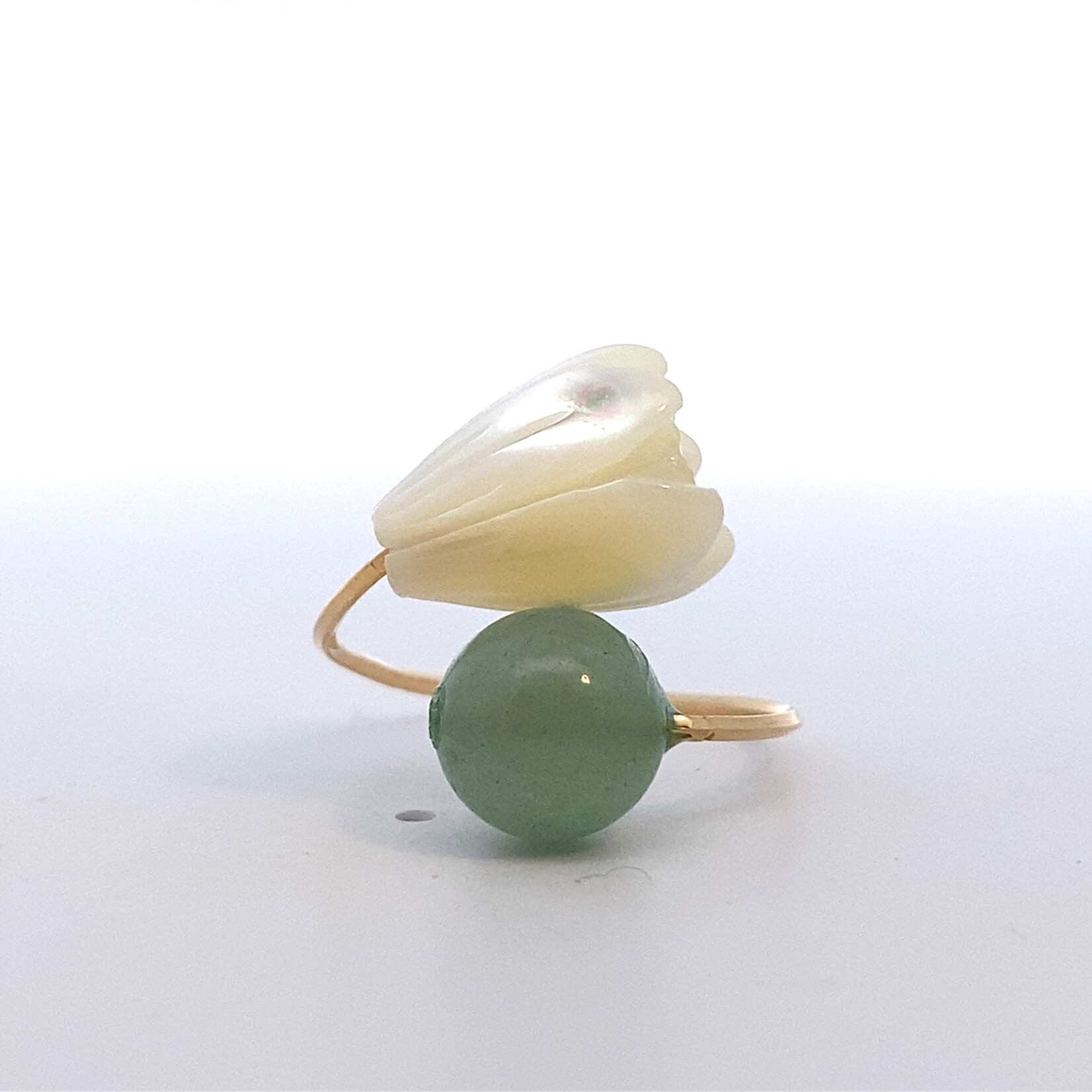 Gold Filled 8mm Green Quartz with Mother of Pearl Pikake Bypass Ring
