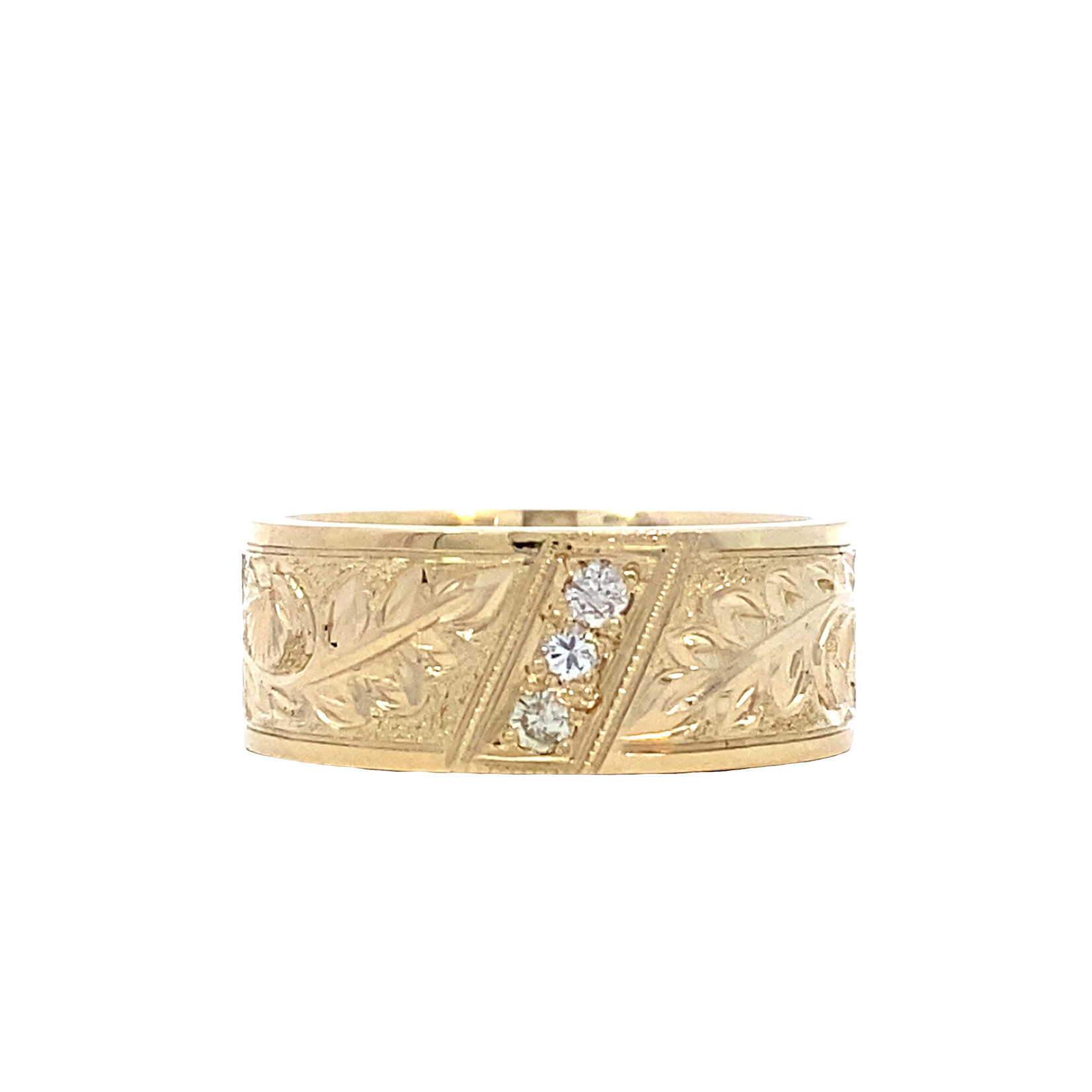 Ohia Lehua 14K Yellow Gold 8mm Flat Comfort Ohia Lehua with 3 diamonds D.12ct sz7.5