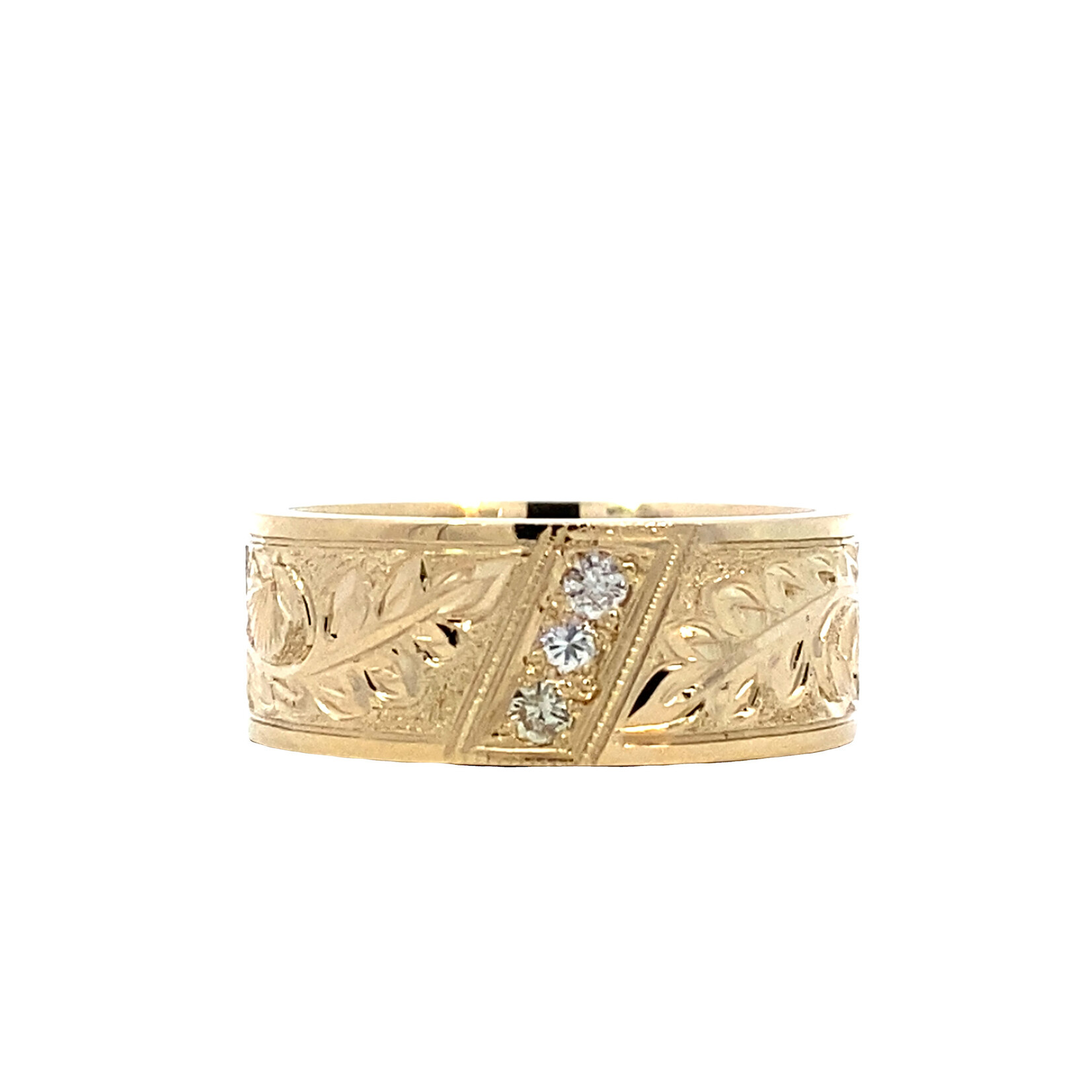 Ohia Lehua 14K Yellow Gold 8mm Flat Comfort Ohia Lehua with 3 diamonds D.12ct sz7.5