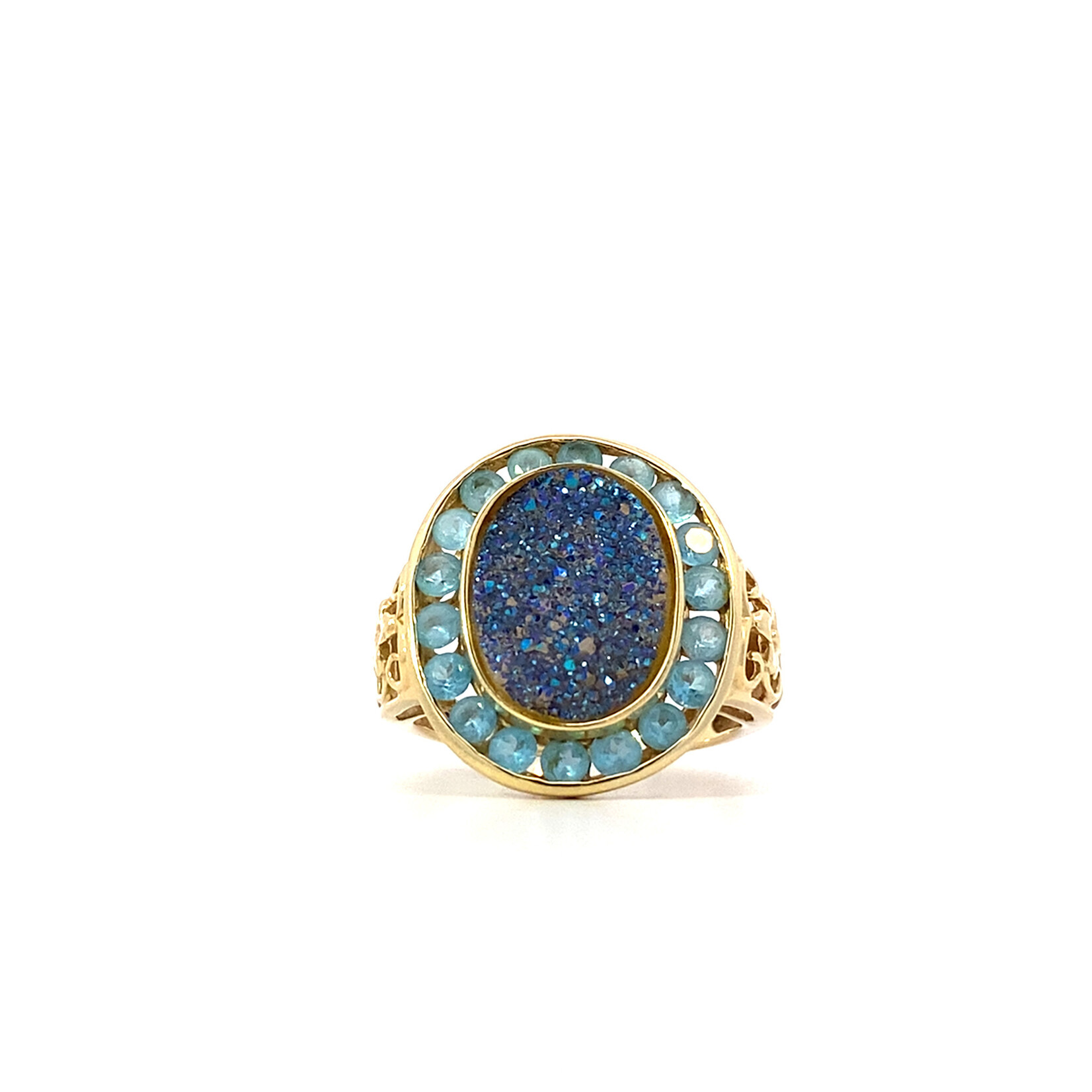 14K Yellow Gold Synthetic Druzy and Blue Stone Ring sz7.75