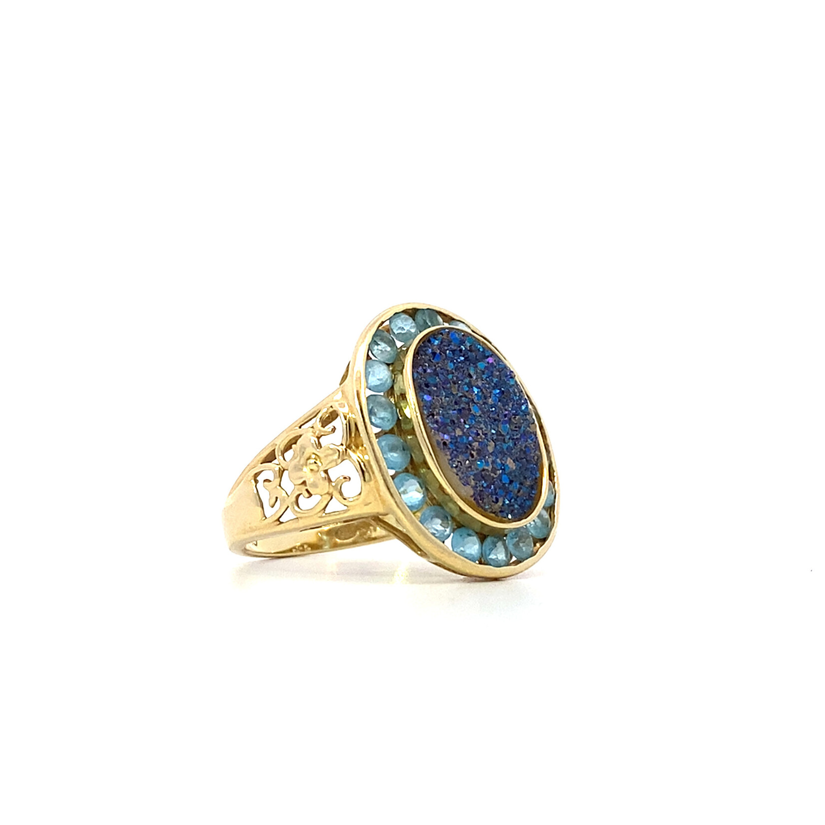 14K Yellow Gold Synthetic Druzy and Blue Stone Ring sz7.75