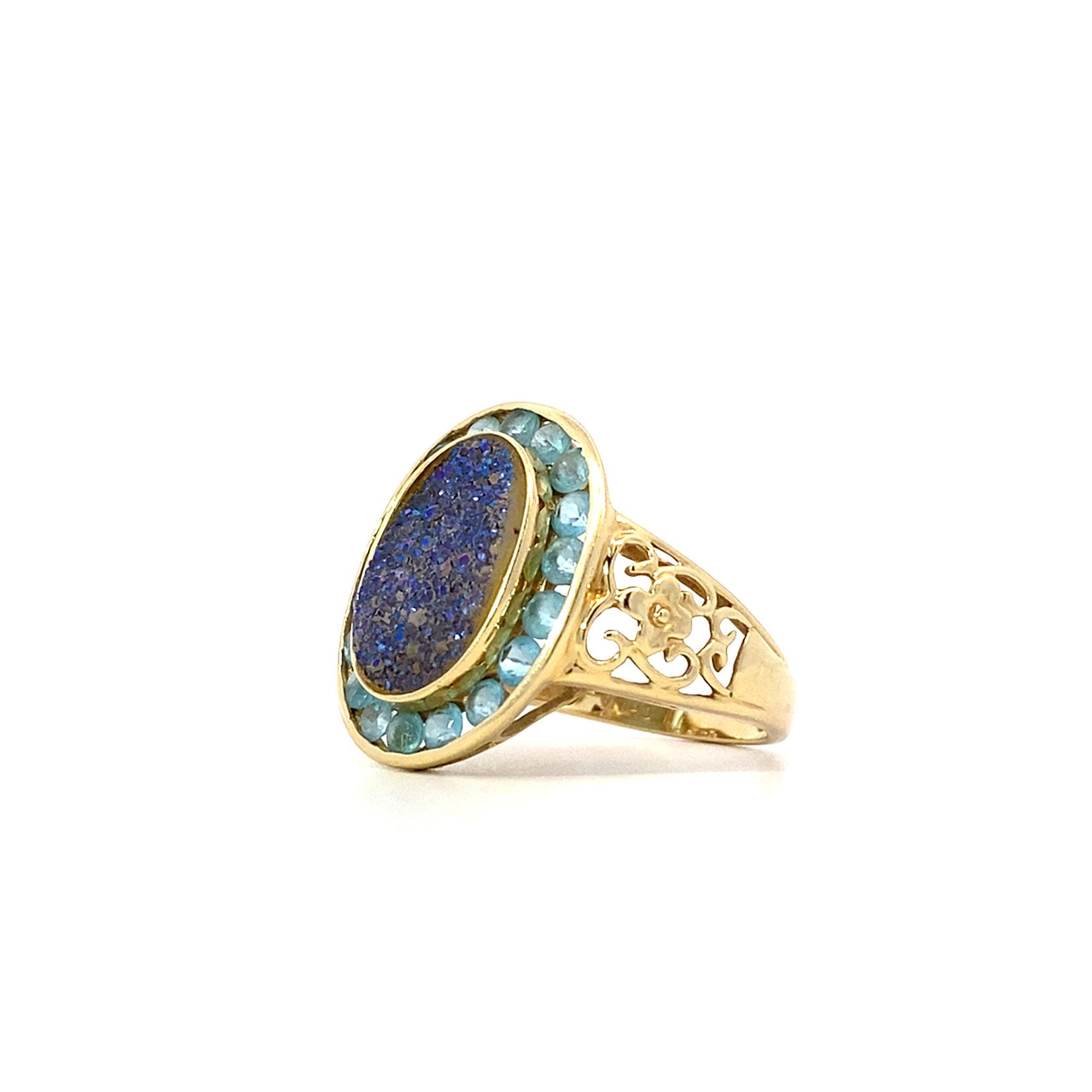 14K Yellow Gold Synthetic Druzy and Blue Stone Ring sz7.75