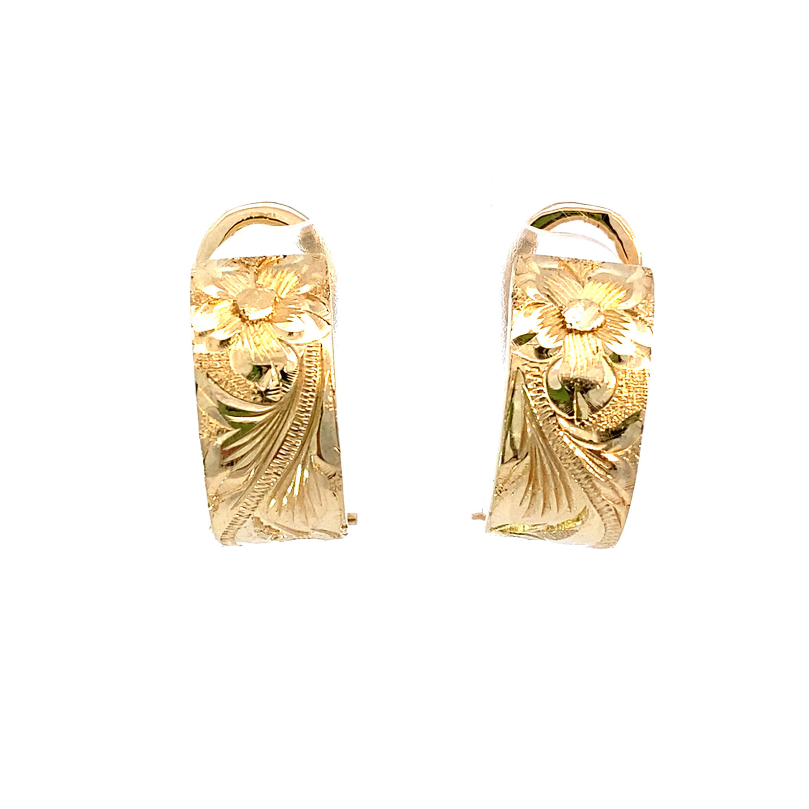 14K Yellow Gold Plumeria Half Hoop Omega Back Earrings