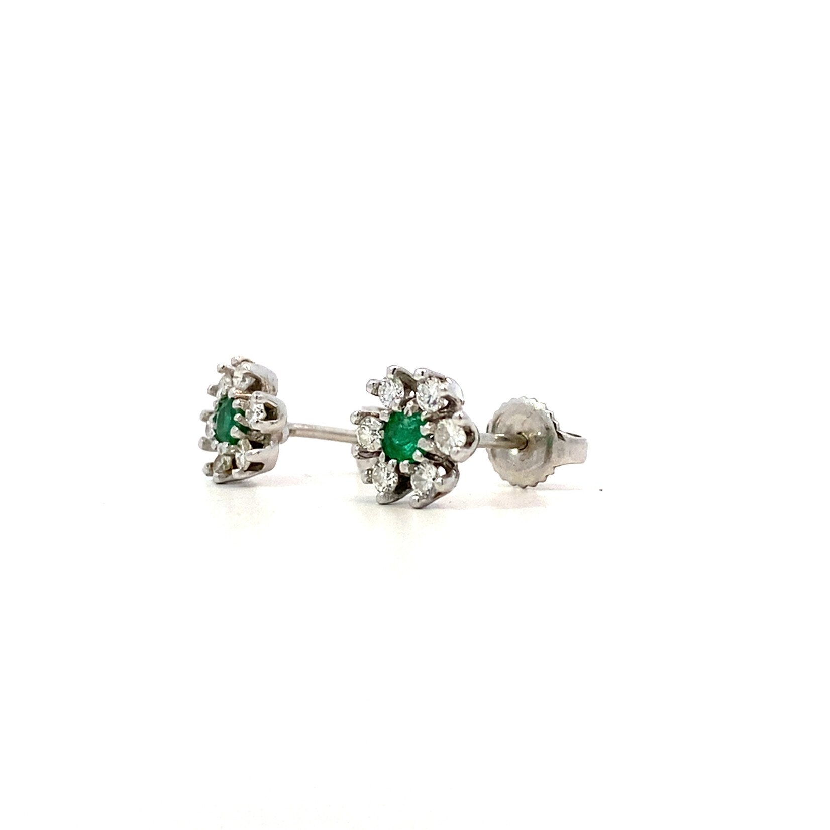 14K White Gold Emerald Diamond Flower Studs D+/-.30ctw E.20ctw