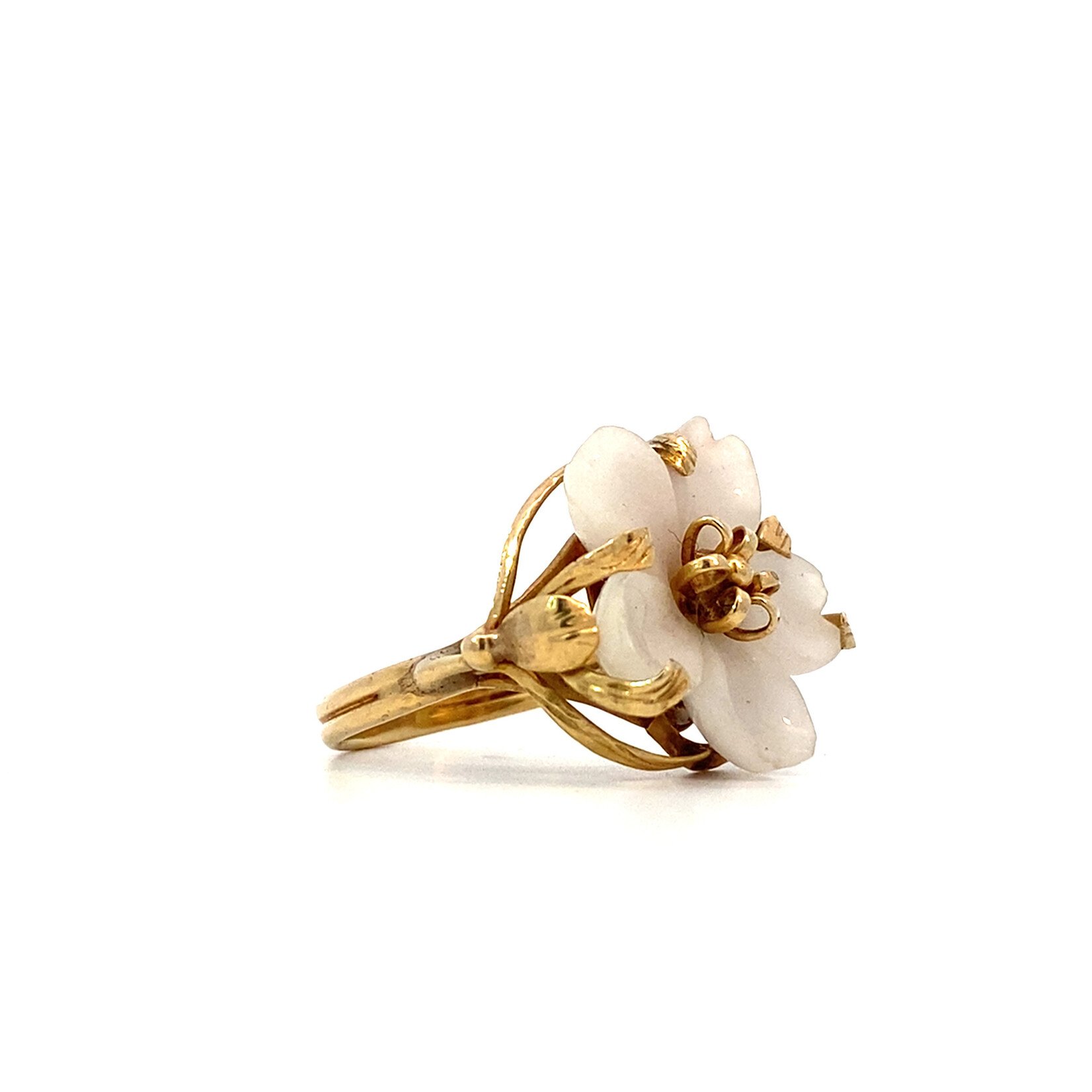14K Yellow Gold MINGS White Jade Flower Ring sz6