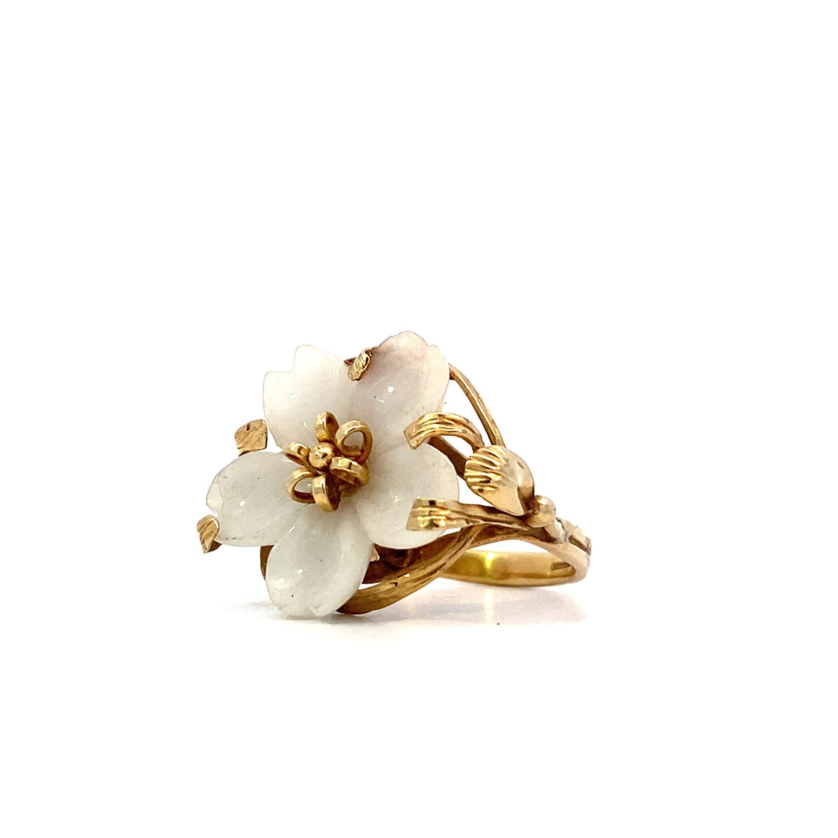 14K Yellow Gold MINGS White Jade Flower Ring sz6