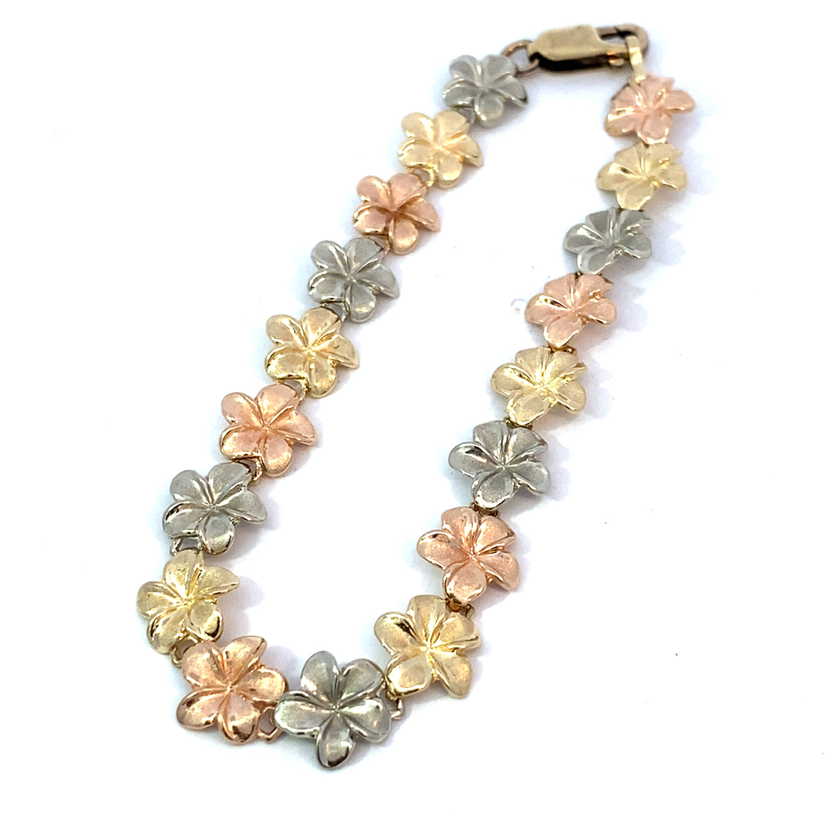 14K Yellow Gold 7" Tri-Color Plumeria Bracelet 6.5grams