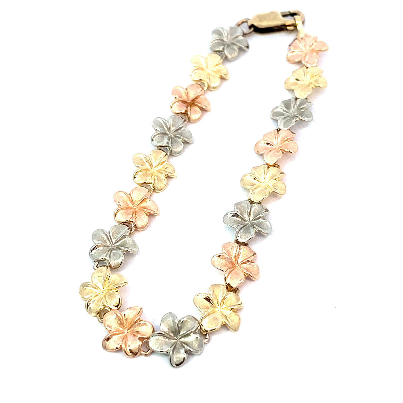 14K Yellow Gold 7" Tri-Color Plumeria Bracelet 6.5grams