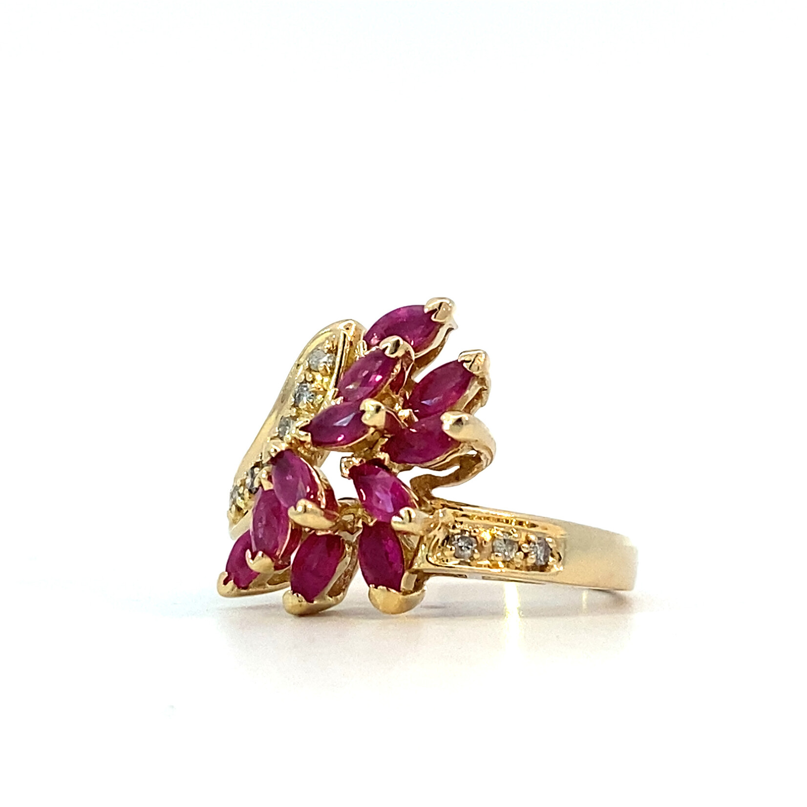 14K Yellow Gold Marquise Ruby & Diamond Cluster Ring 6.75
