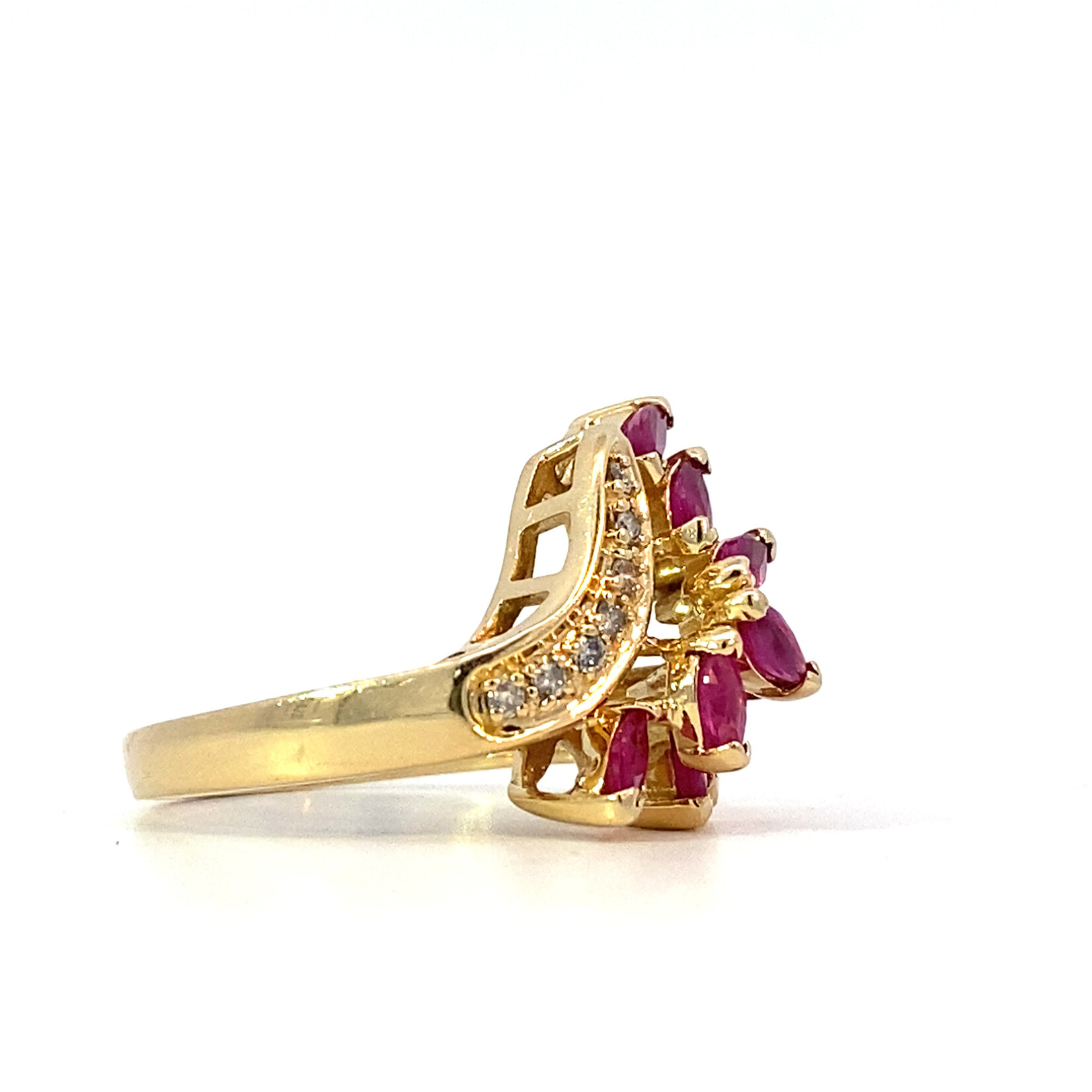 14K Yellow Gold Marquise Ruby & Diamond Cluster Ring 6.75