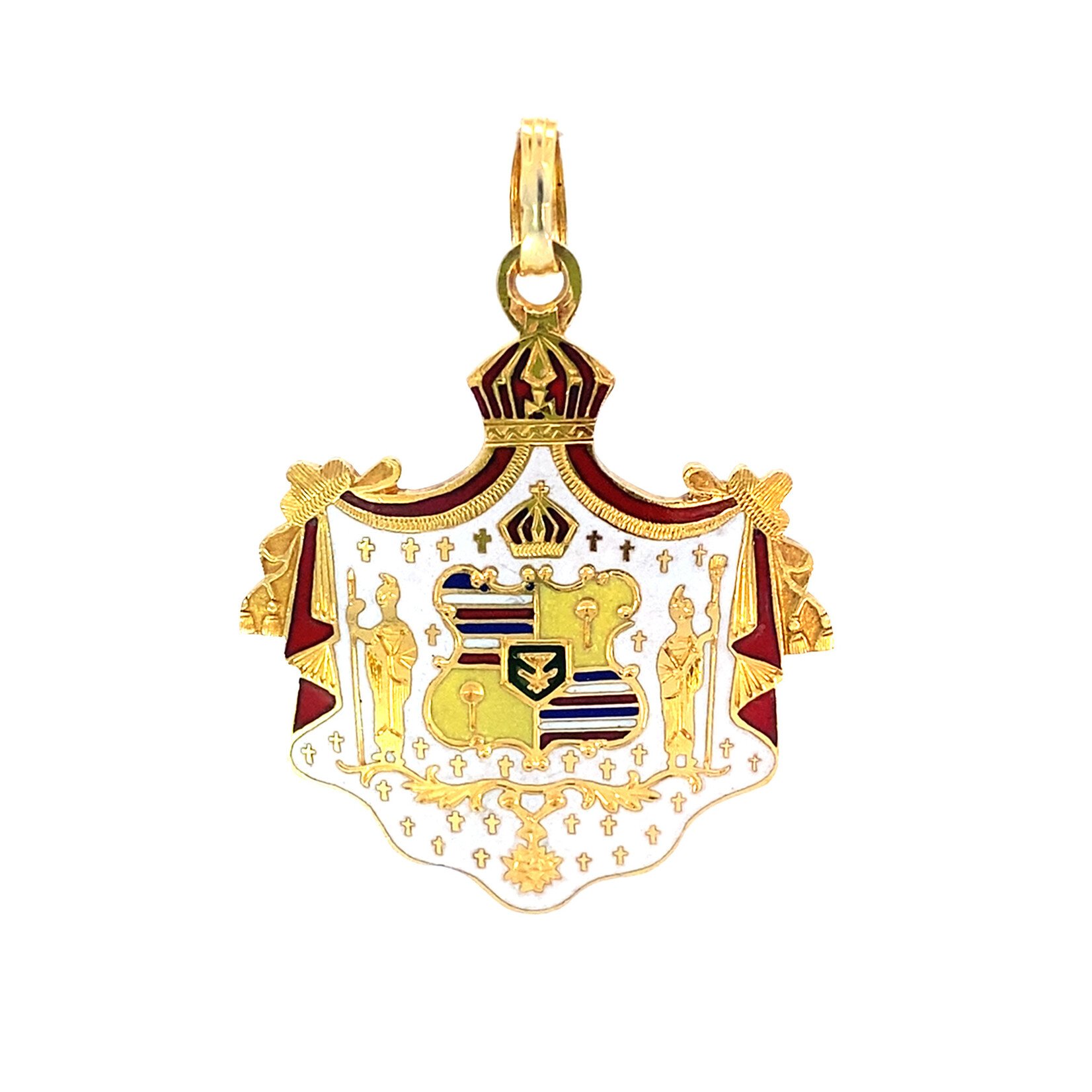 14K Yellow Gold 27.5x33mm Vintage Dawkins Benny White Coat of Arms Pendant