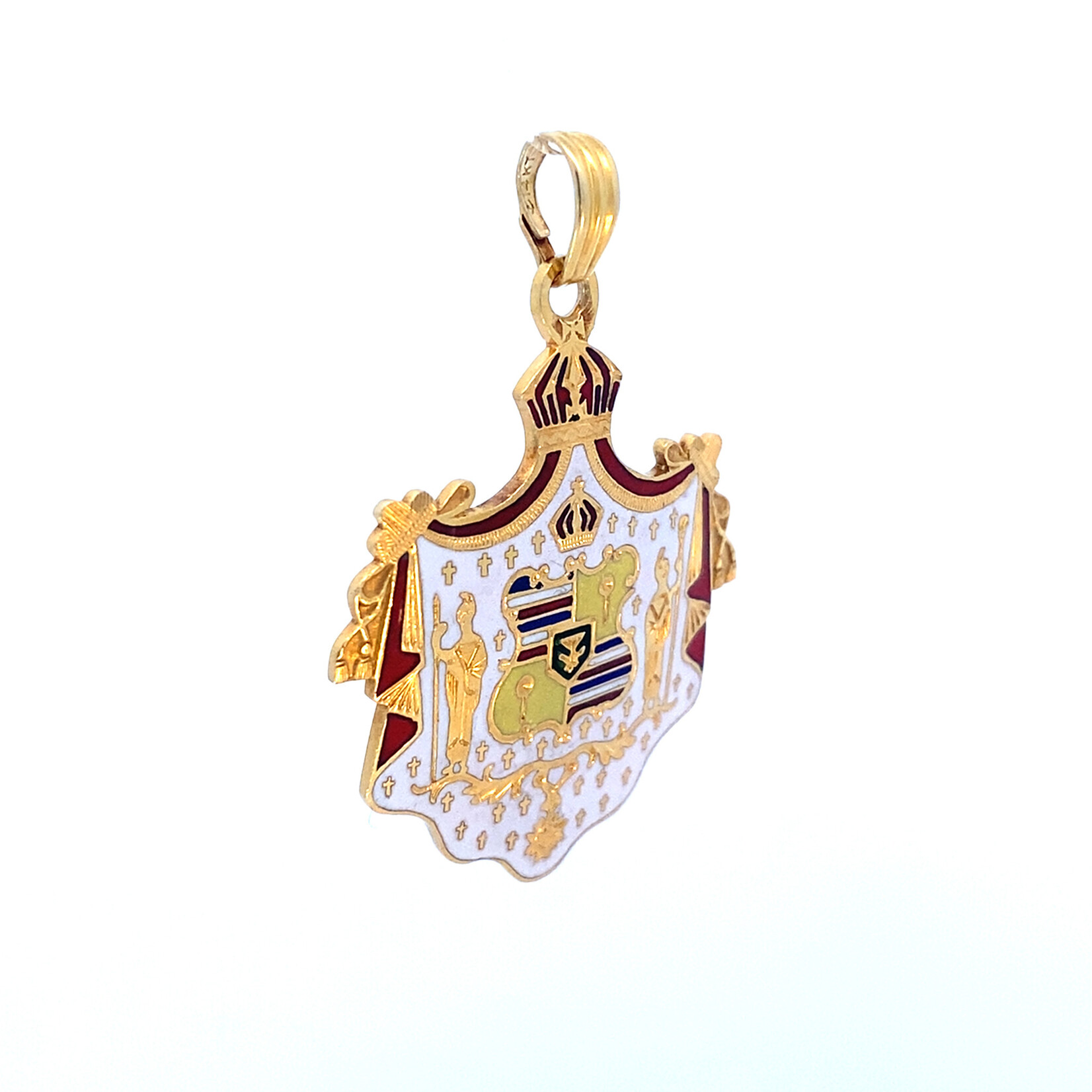 14K Yellow Gold 27.5x33mm Vintage Dawkins Benny White Coat of Arms Pendant