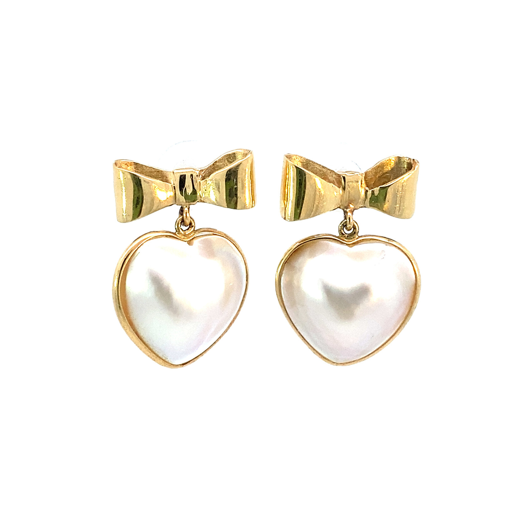 14K Yellow Gold Bow & Heart Mabe Pearl Dangles