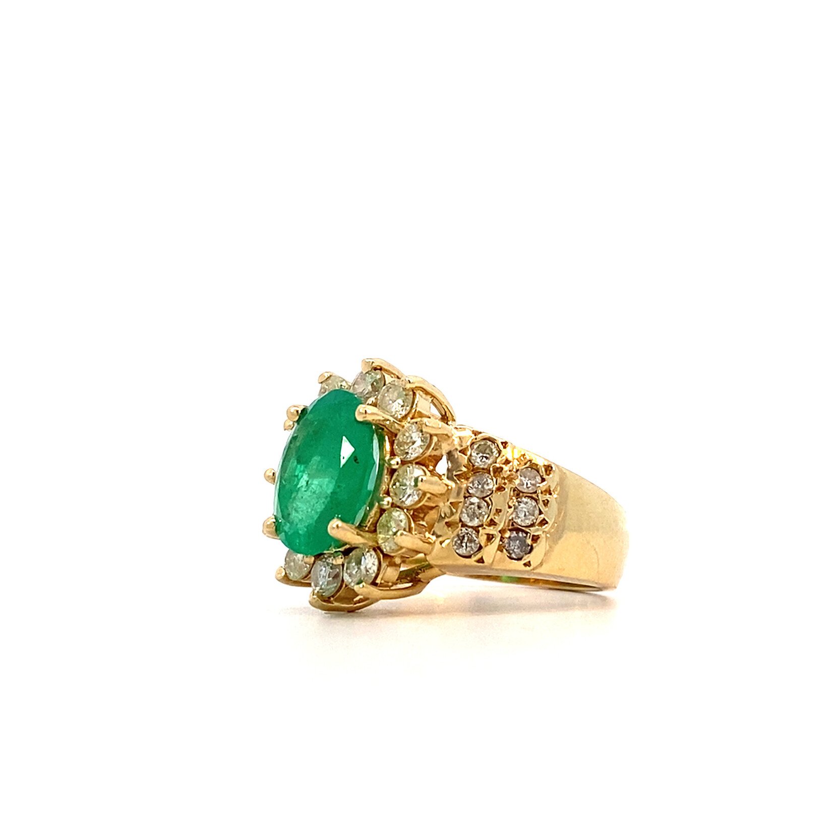 14K Yellow Gold Emerald w/ Diamond Halo & Diamond accents sz7.25