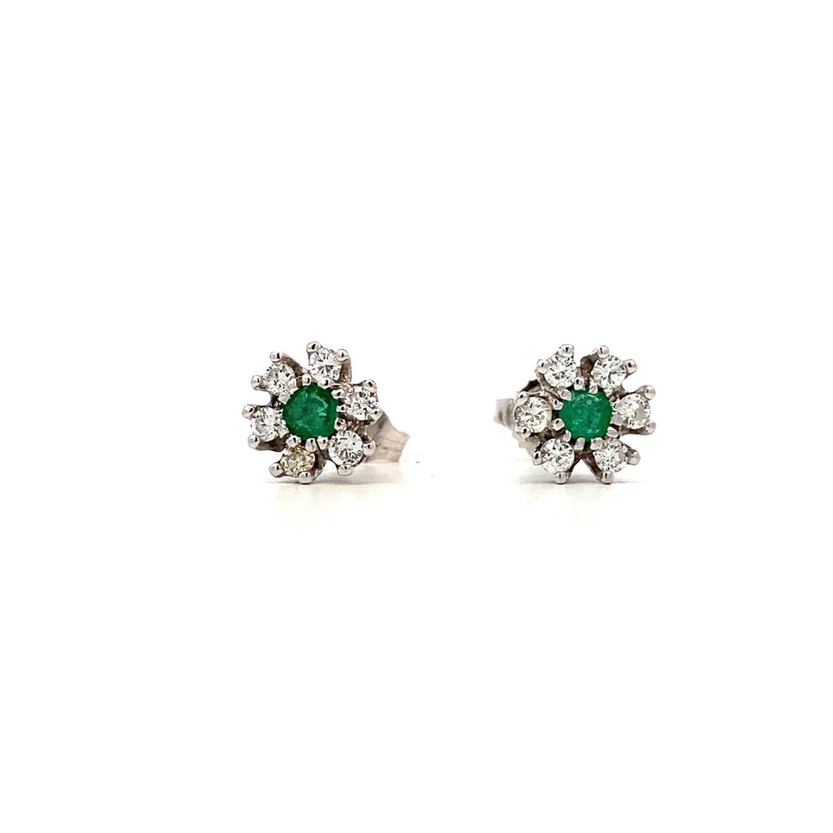 14K White Gold Emerald Diamond Flower Studs