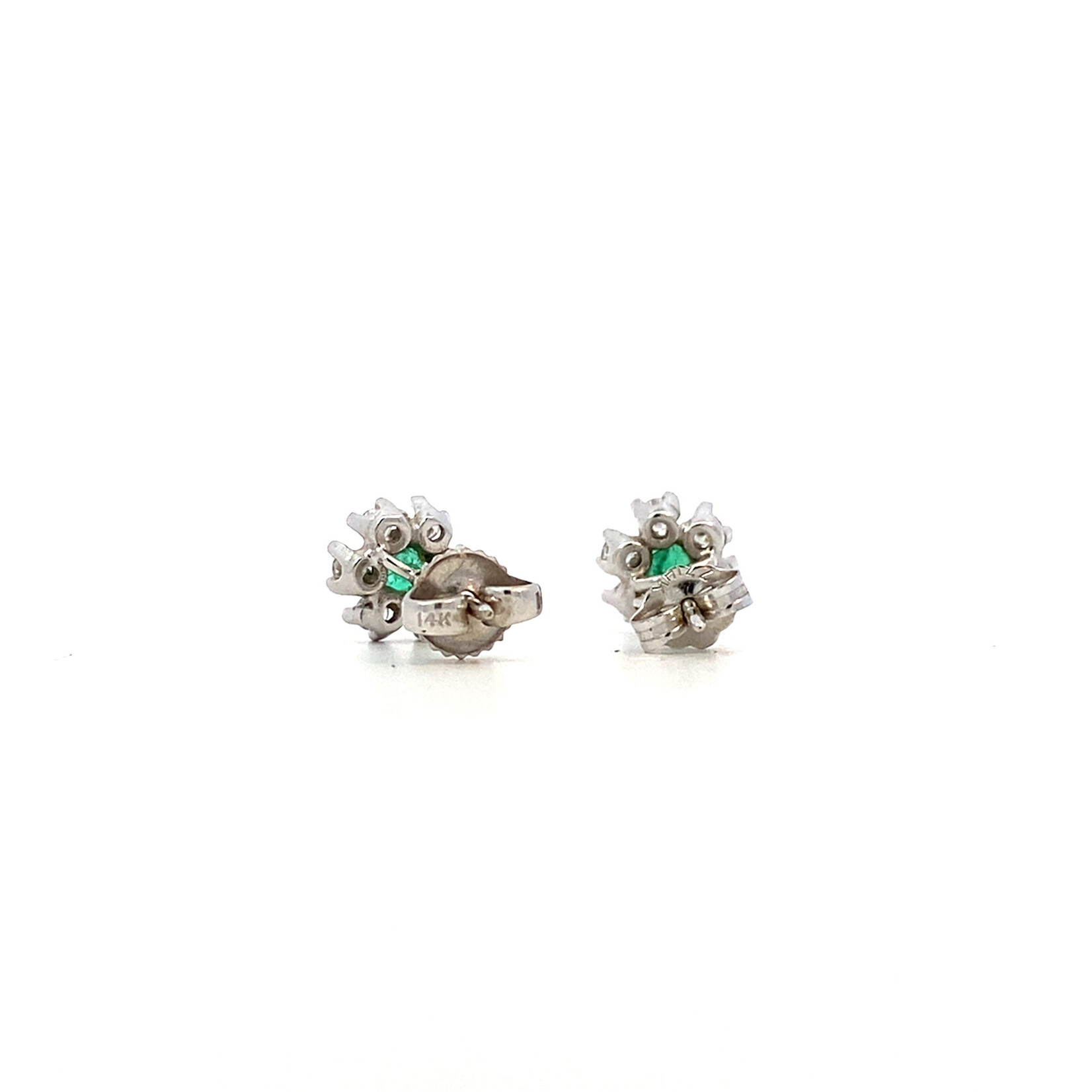 14K White Gold Emerald Diamond Flower Studs