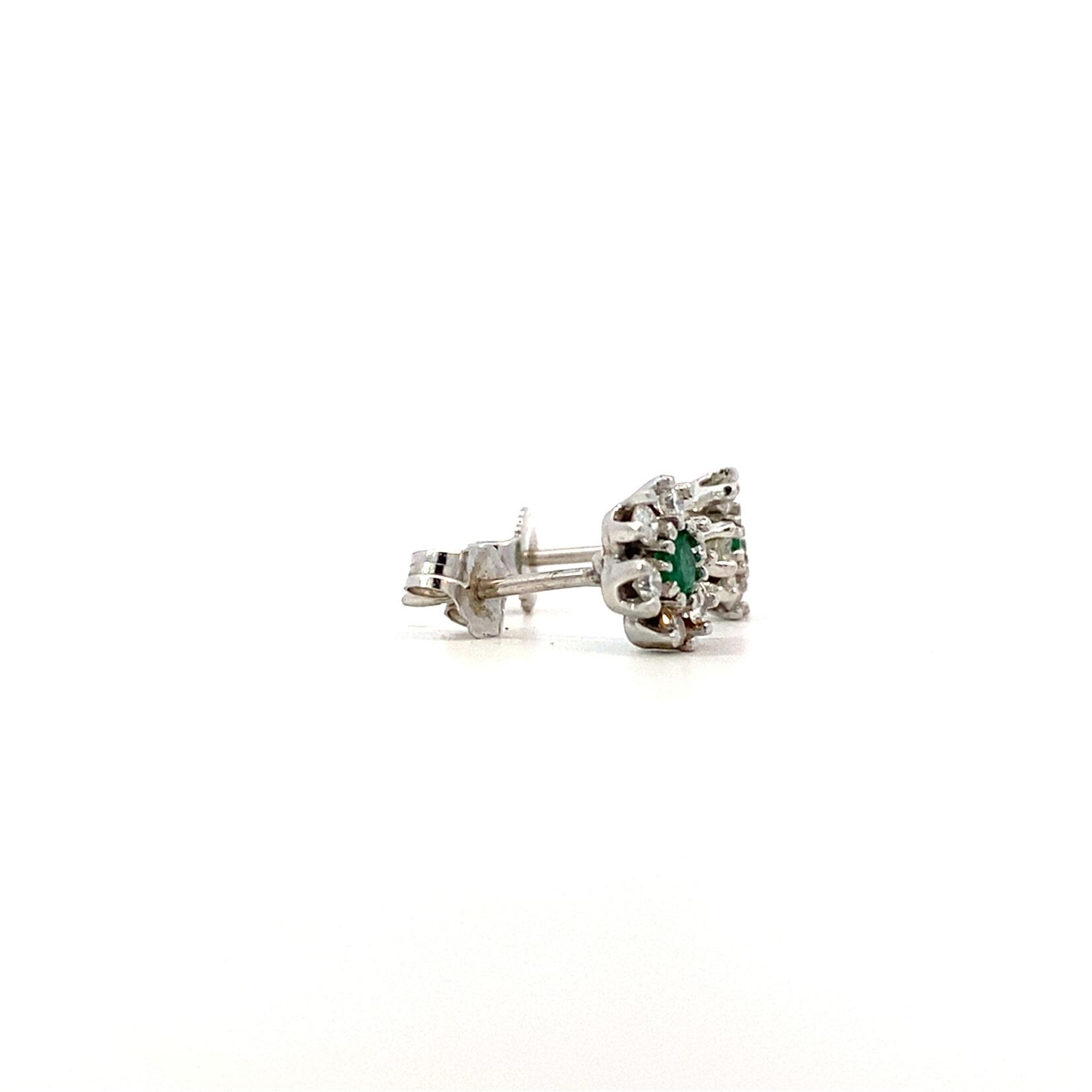 14K White Gold Emerald Diamond Flower Studs