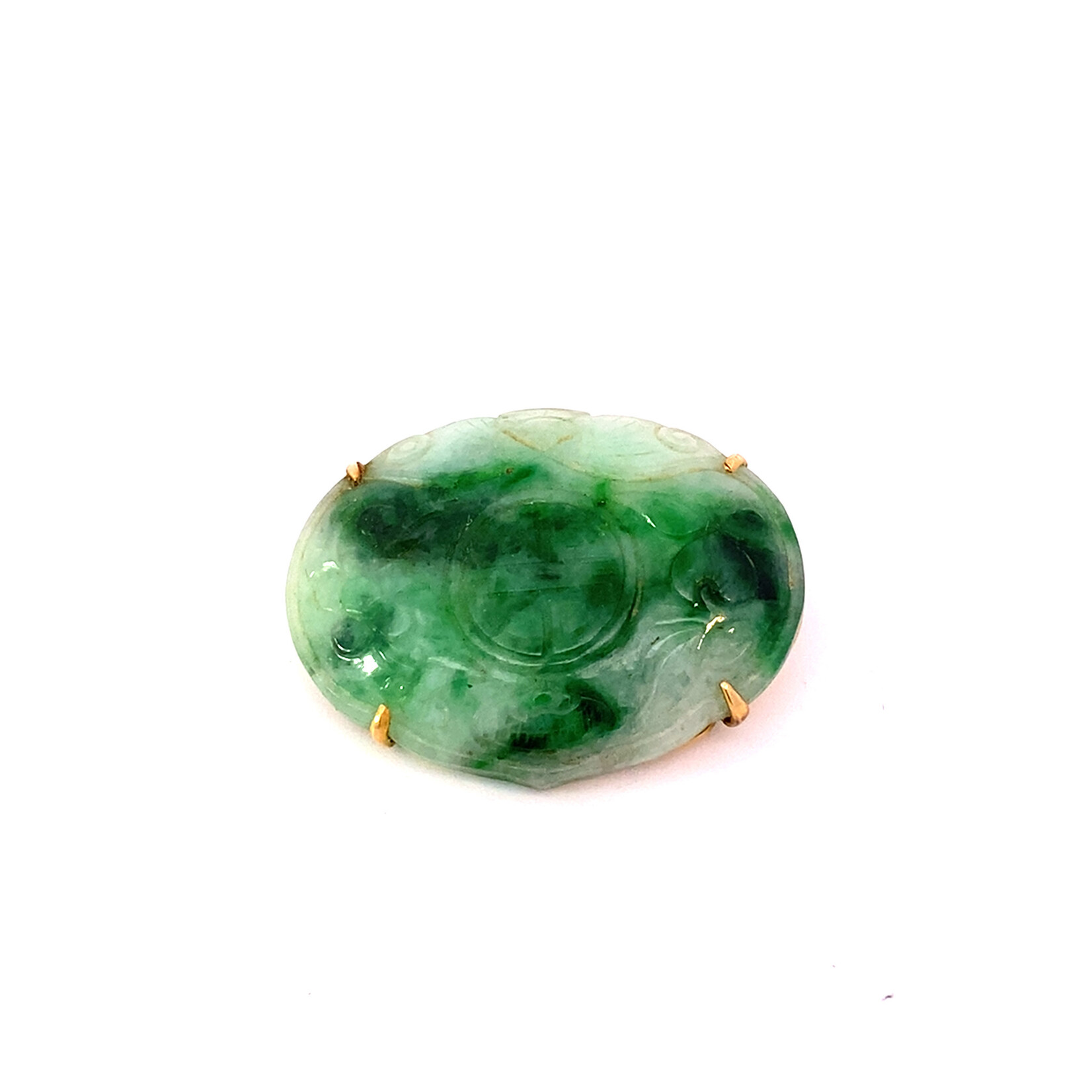 14K Yellow Gold Green & White Jade Pendant/Brooch