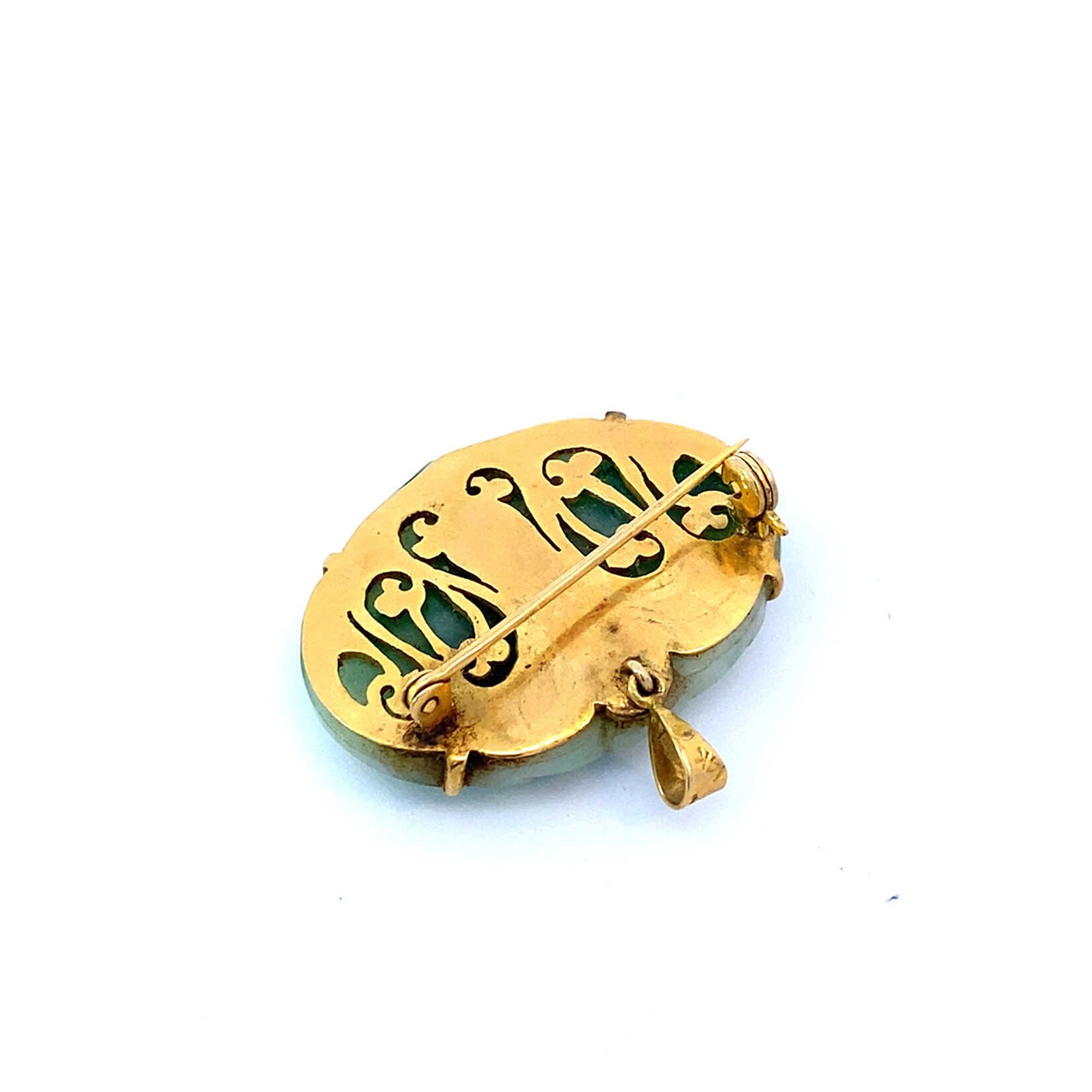 14K Yellow Gold Green & White Jade Pendant/Brooch