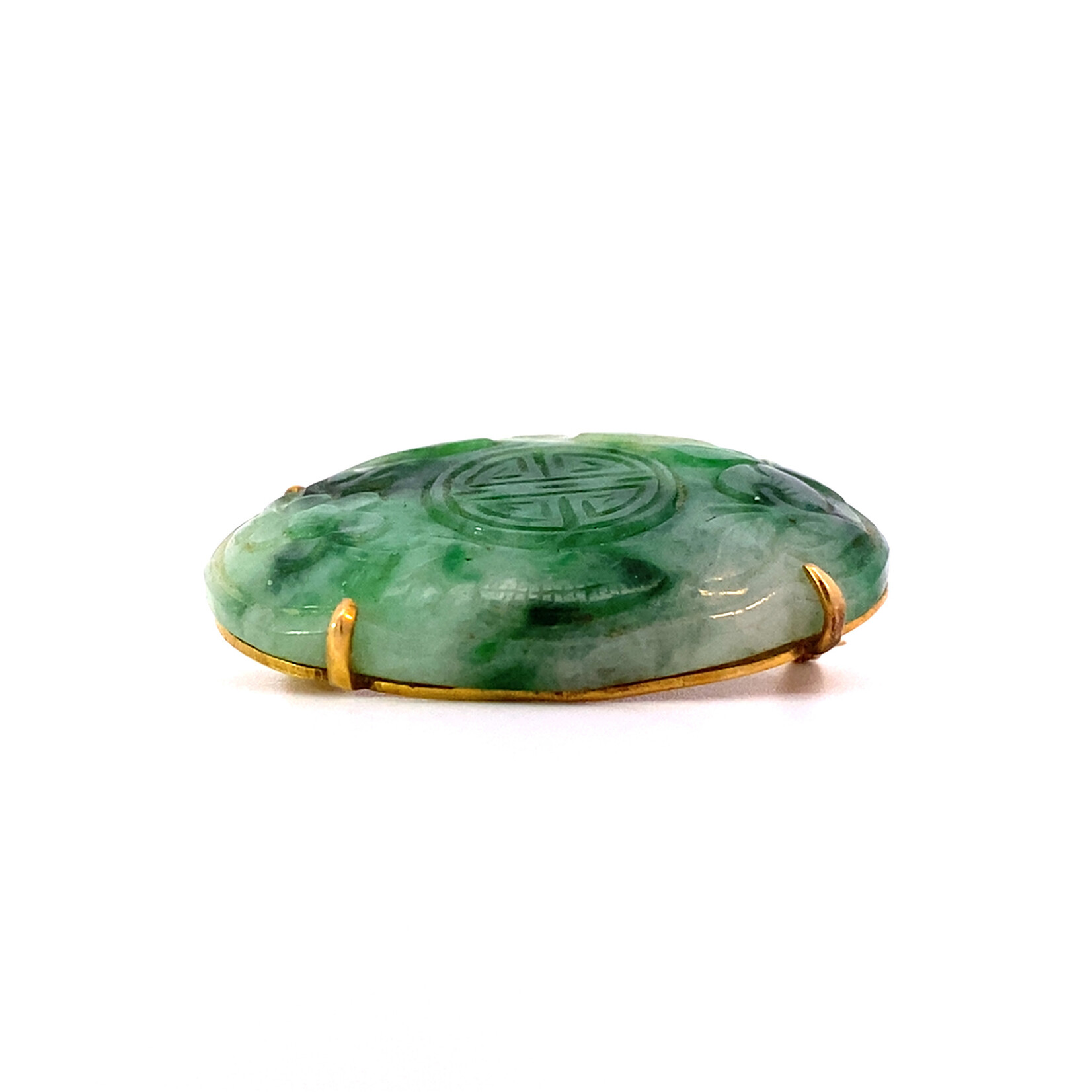 14K Yellow Gold Green & White Jade Pendant/Brooch