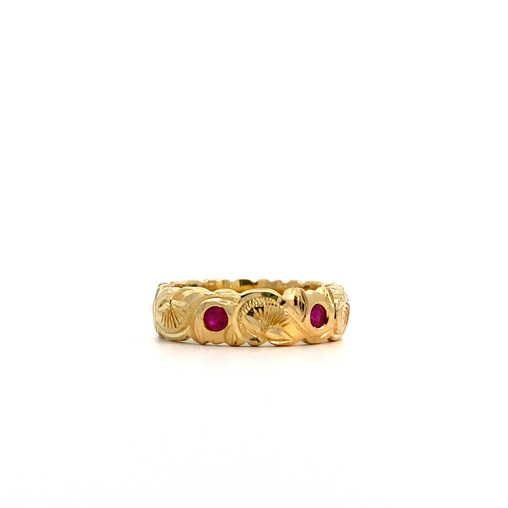 Lehua Blossom 18K Yellow Gold 6mm Barrel Heavy Pua Lehua Kalai Kula Ruby R.60tw sz8
